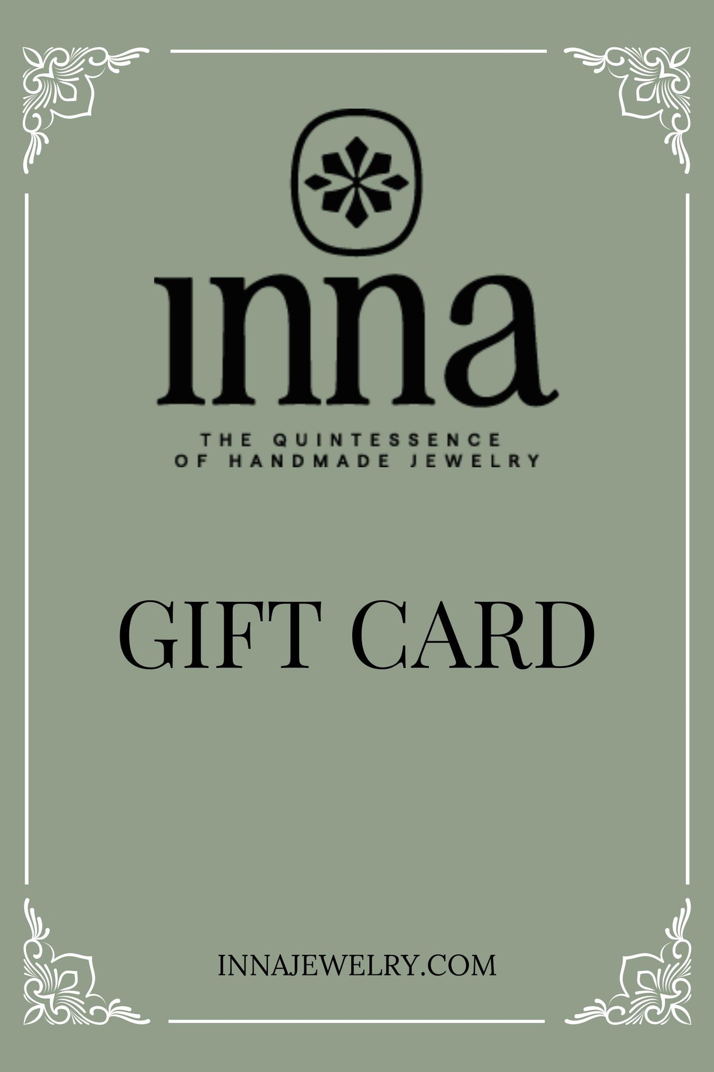 INNA Jewelry gift card, a perfect gifting option for unique handmade jewelry. Available in multiple values, allowing recipients to choose their favorite one-of-a-kind piece.