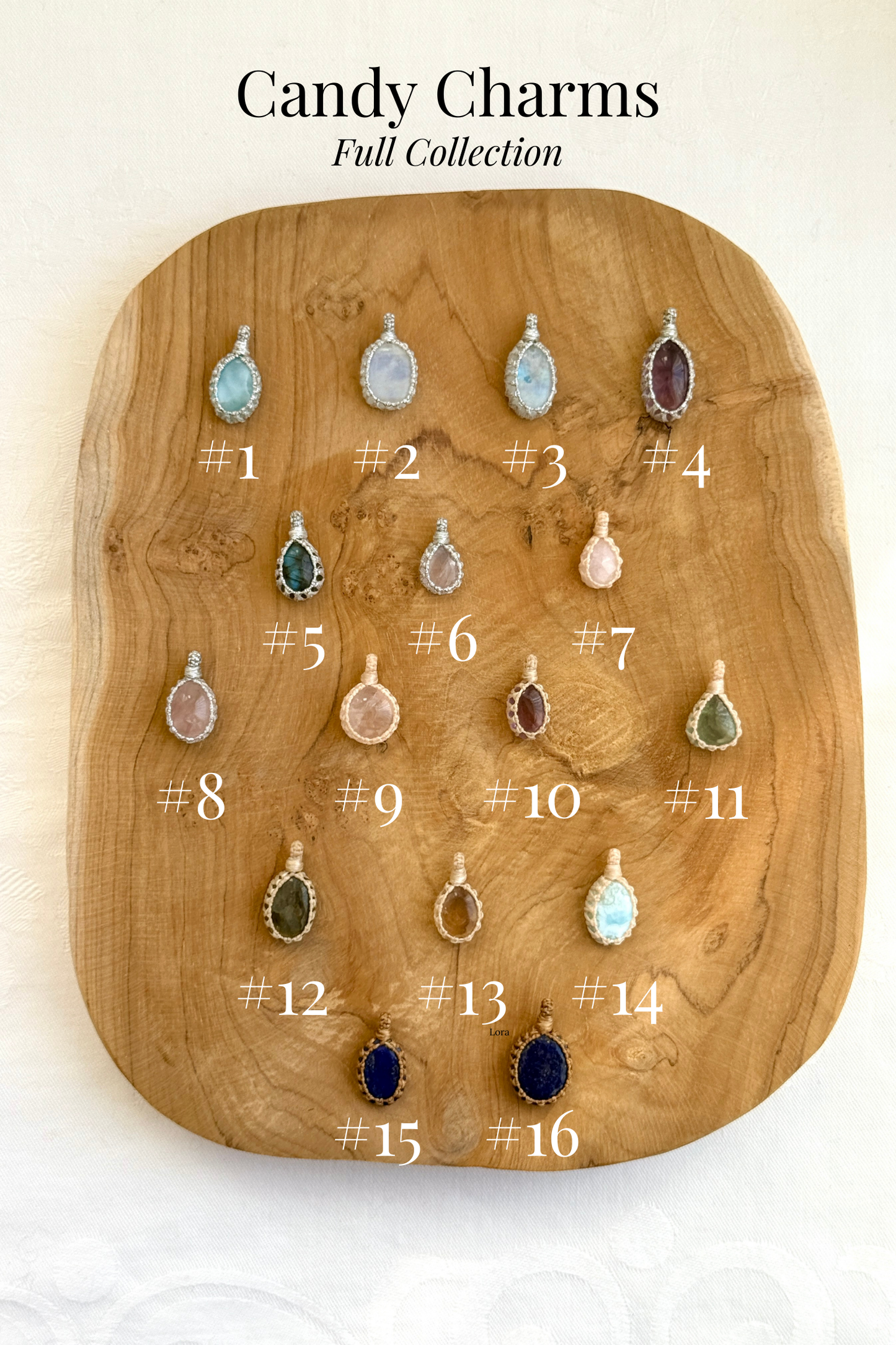 Handmade Candy Charms – natural gemstone pendants wrapped in macrame, numbered for easy selection. Choose your favorite gemstone charm.