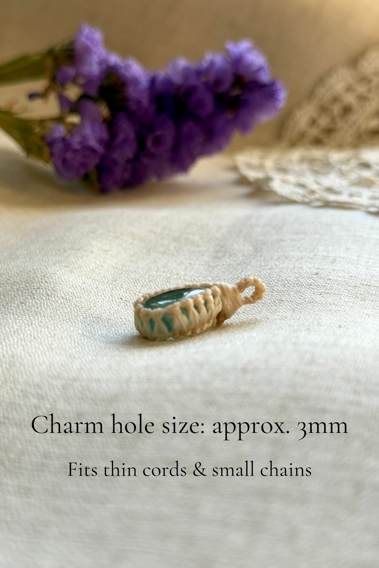 Close-up of Candy Charm pendant showing the charm hole size, approximately 3mm – fits small cords or chains. Ideal for necklaces and keychains.