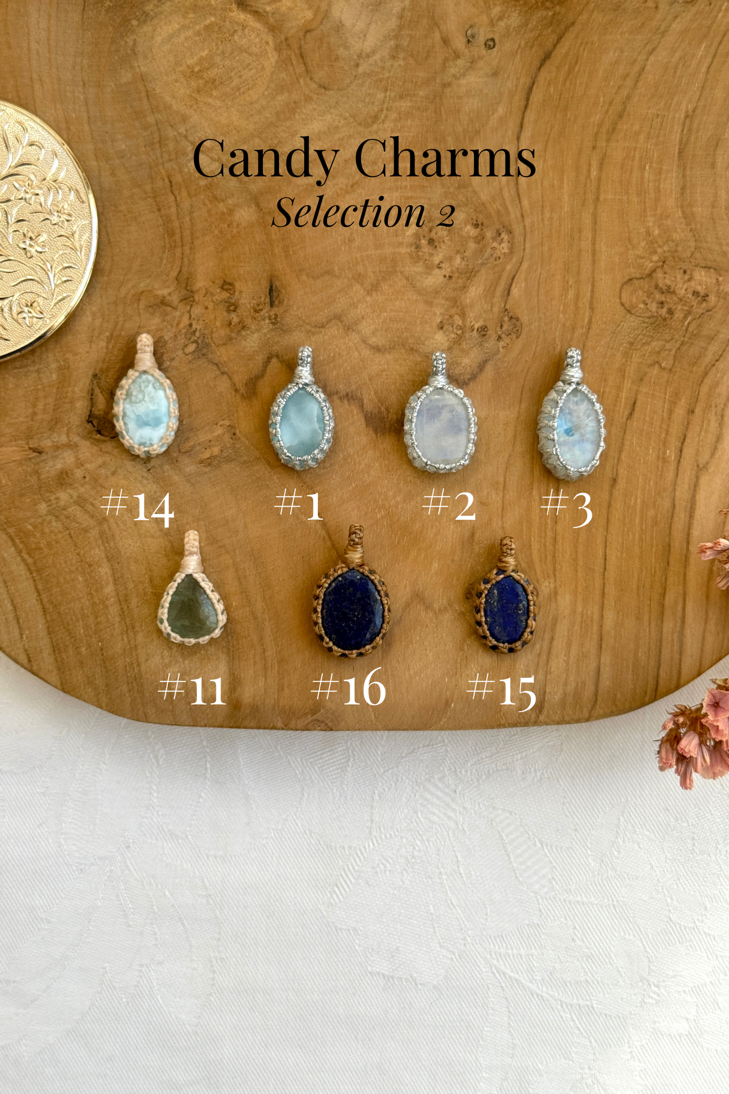 Selection two of handmade Candy Charms, showcasing different natural gemstone pendants wrapped in macrame. Unique and lightweight designs.