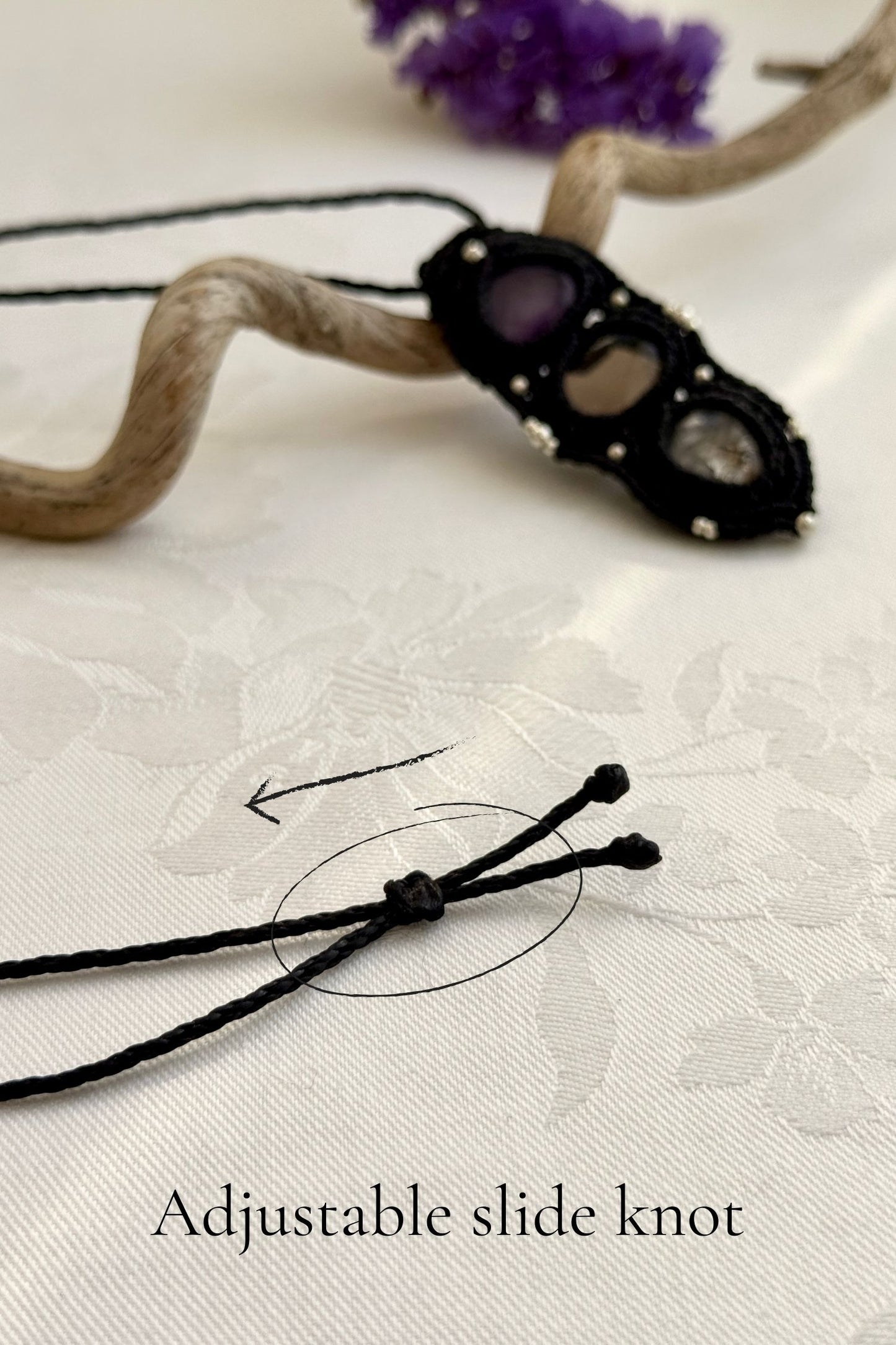 Adjustable handmade macrame necklace with Amethyst, Smoky Quartz and Tourmaline Quartz. Featuring a sliding knot closure for a customizable fit.