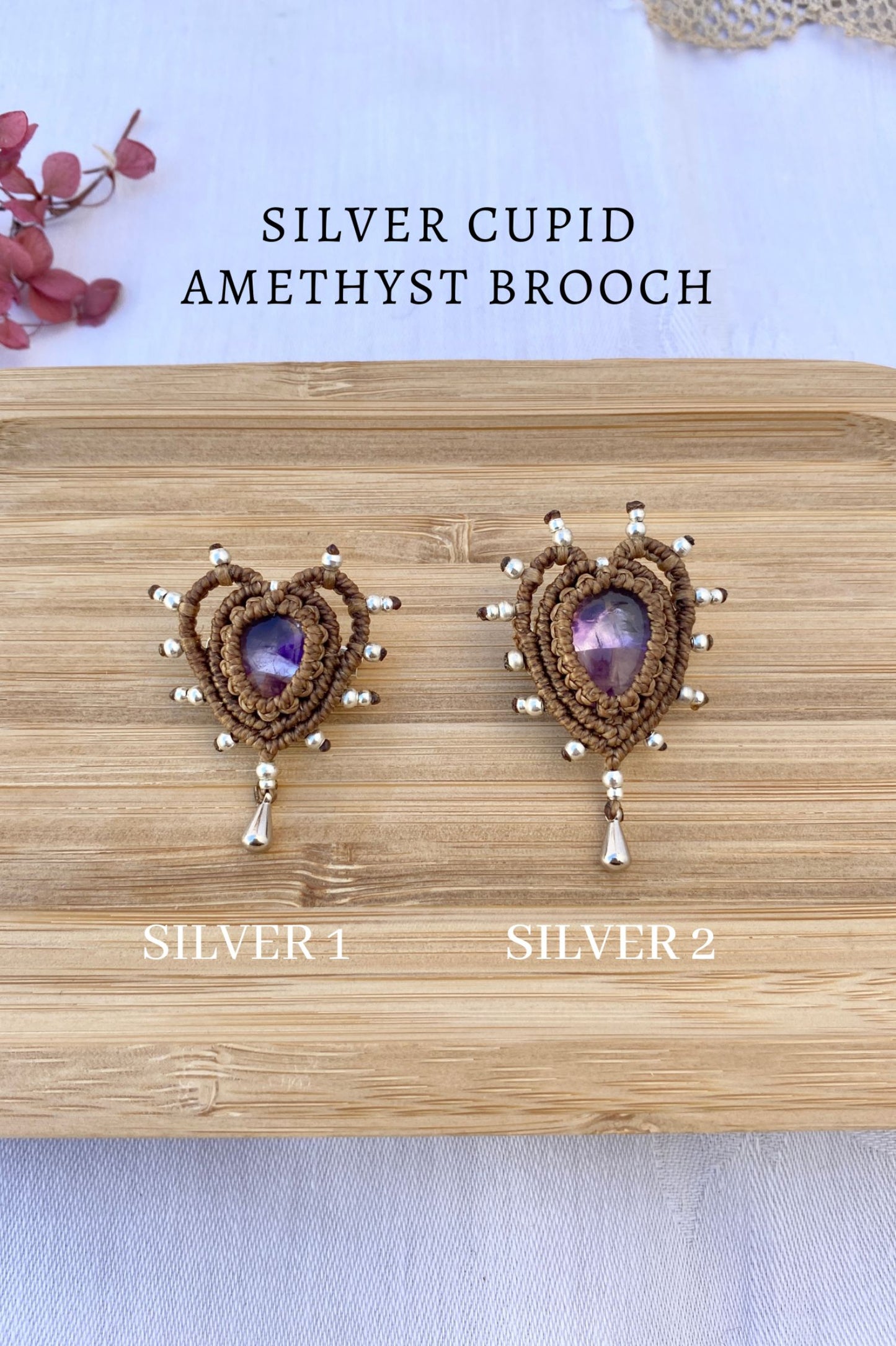 Selection of handmade Cupid Amethyst Brooches with silver bead details, featuring natural amethyst gemstones in a heart-inspired macrame design.