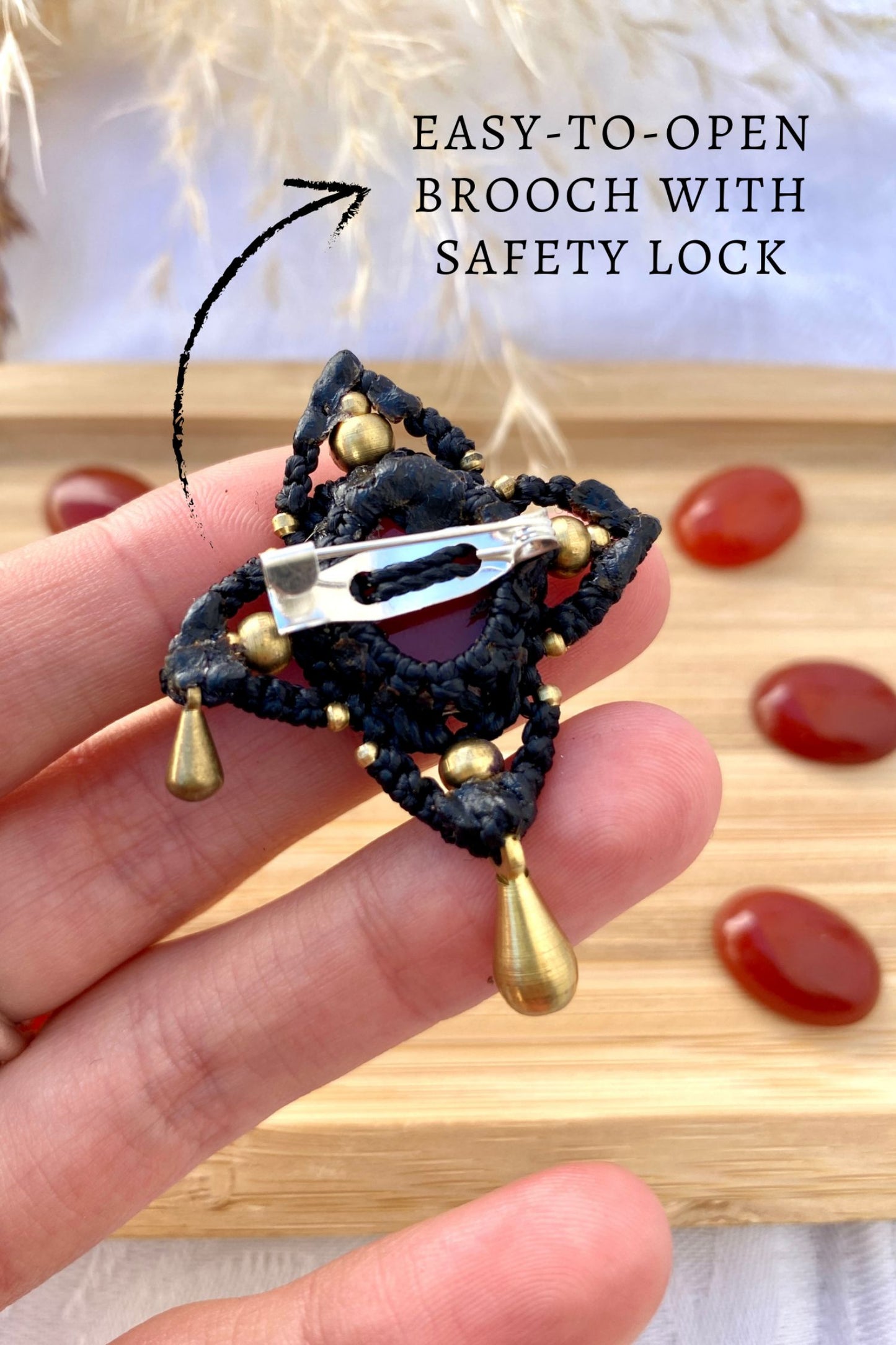 Close-up of the gothic brooch’s secure safety lock closure, designed for easy wear while ensuring a firm hold.