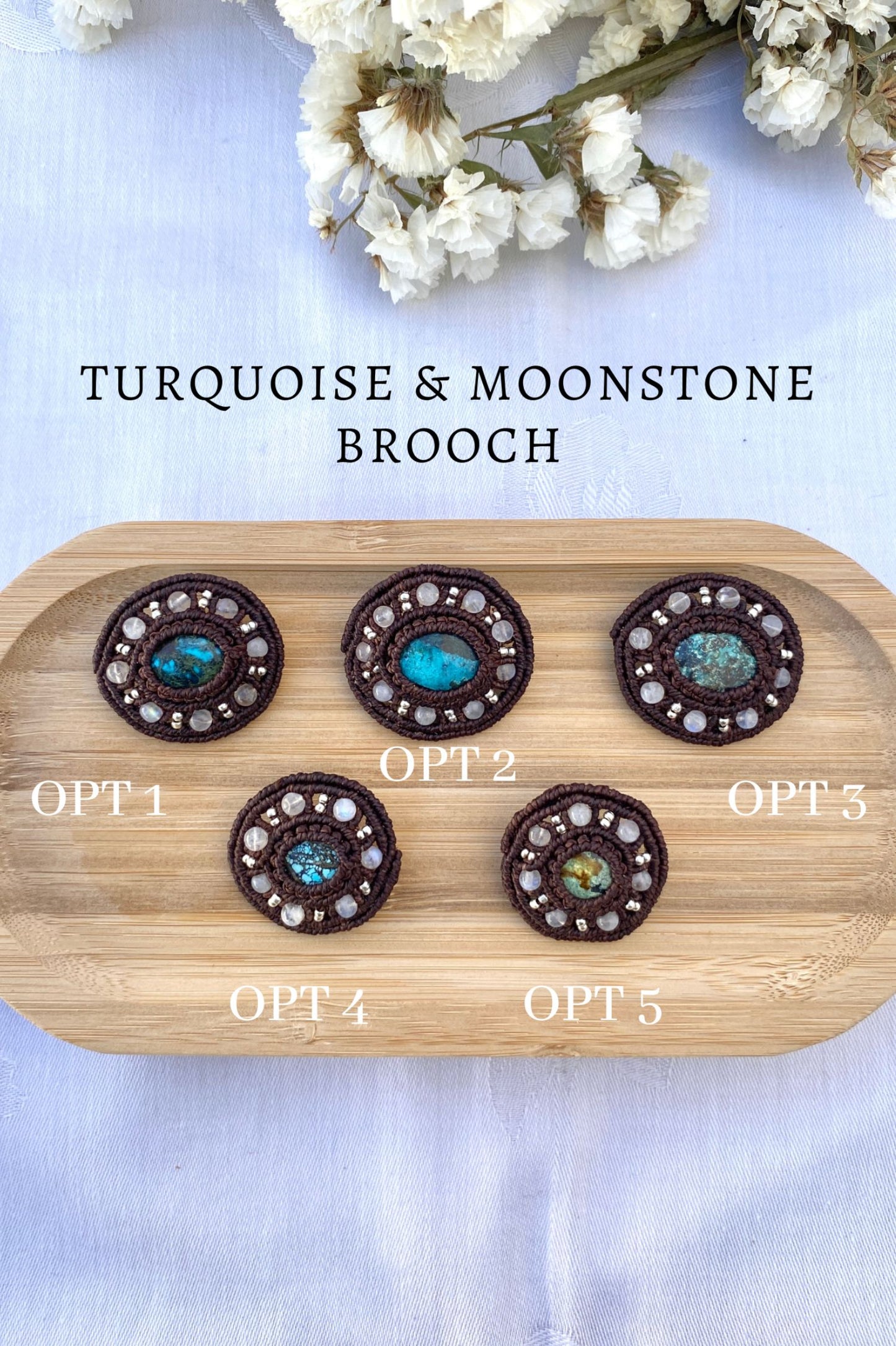 Collection of handmade round turquoise brooches with moonstone accents, showcasing various turquoise gemstone variations available in this unique macrame design.