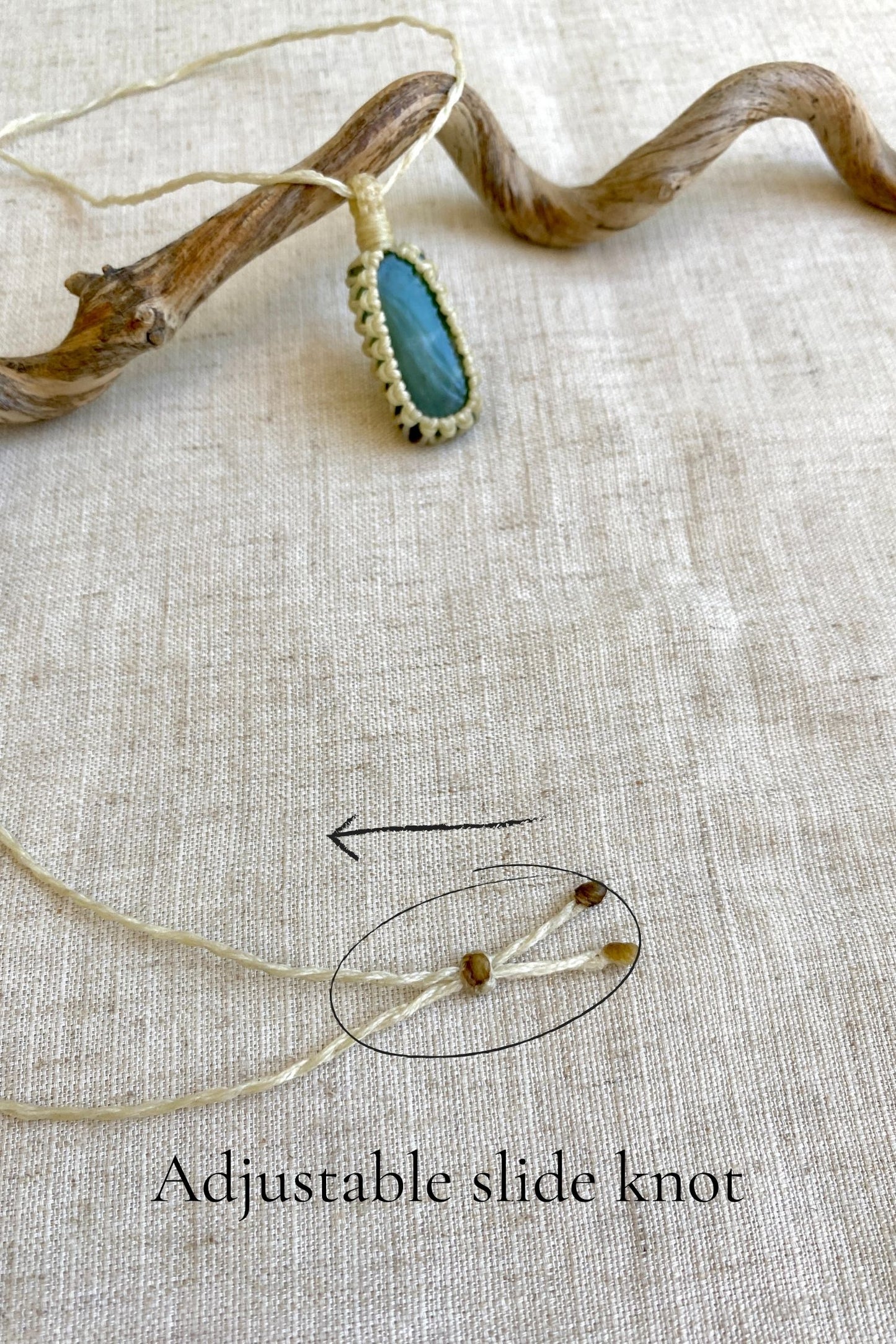 Close-up of the adjustable side knot on a handmade Chrysoprase macrame necklace, allowing for a customizable fit for any neck size.