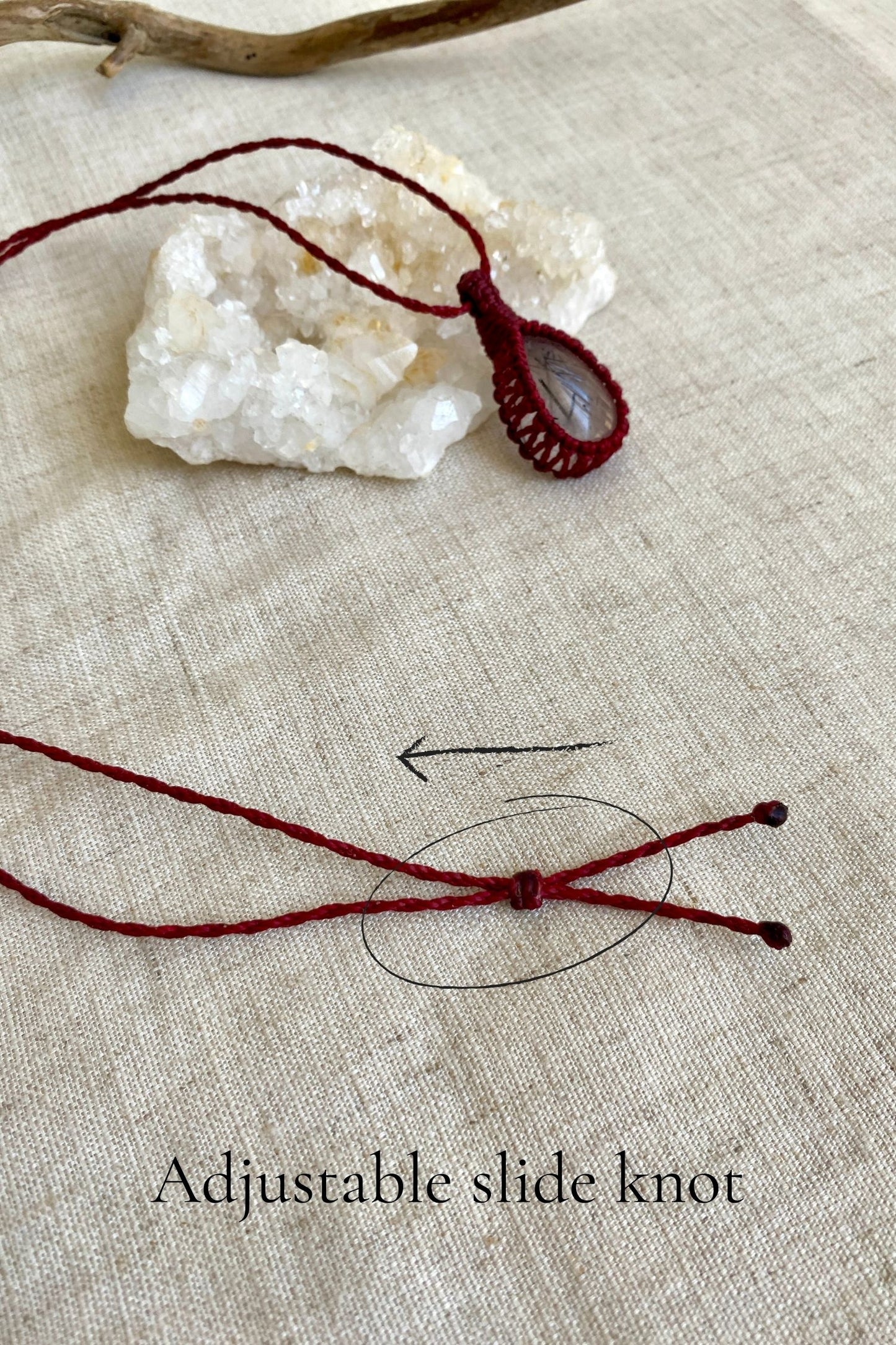 Adjustable sliding knot on a handmade Tourmaline Quartz macrame necklace, ensuring a customizable and comfortable fit.