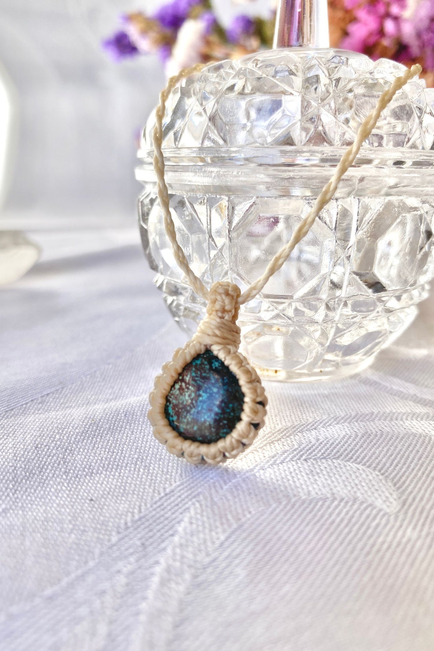 Handmade Turquoise Macrame necklace featuring a high-quality blue gemstone, side view to showcase its delicate everyday-wear design from the Essence collection.