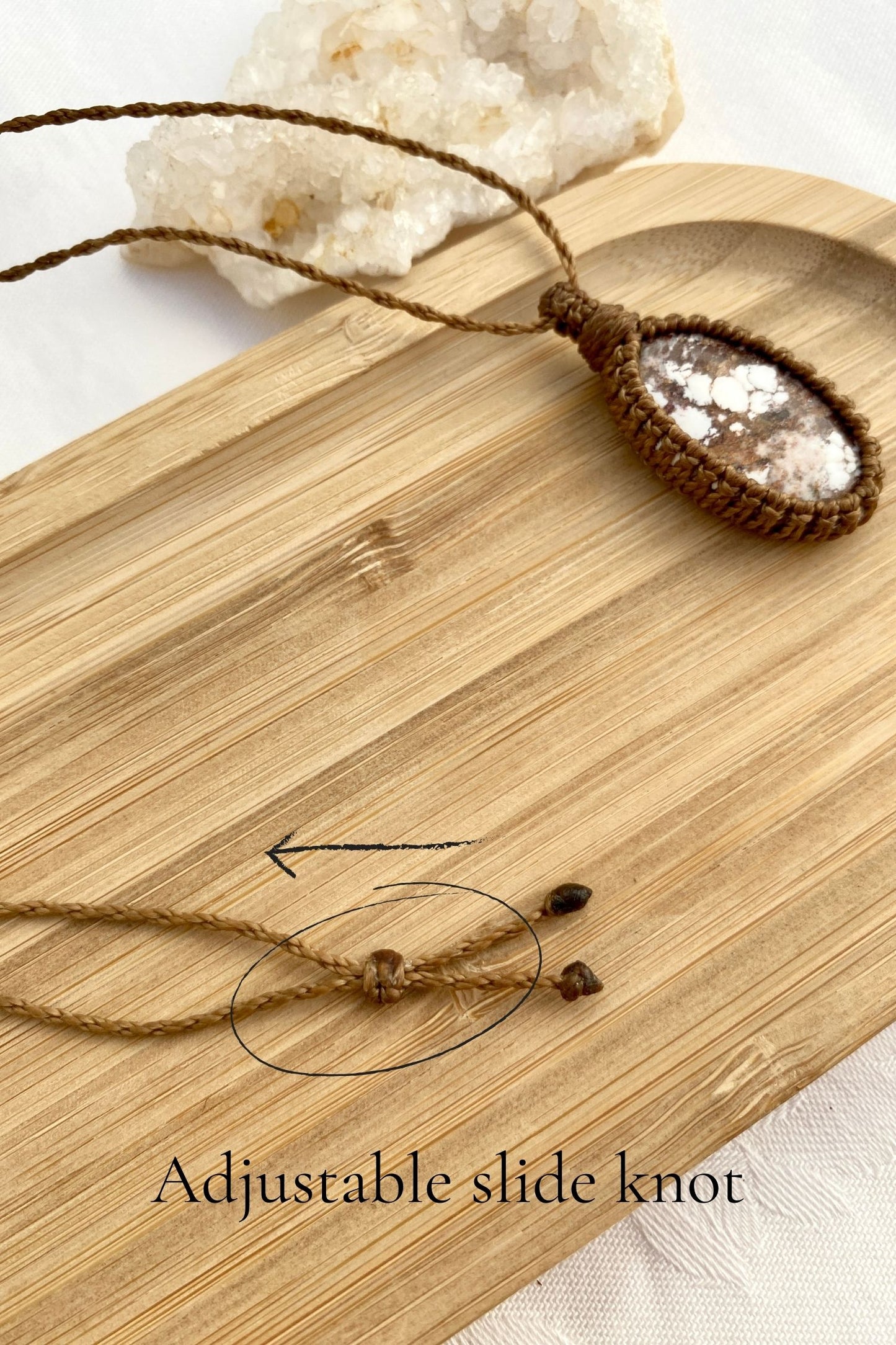 Close-up of the adjustable sliding knot on the Wild Horse Magnesite macrame necklace, offering a customizable and comfortable fit.