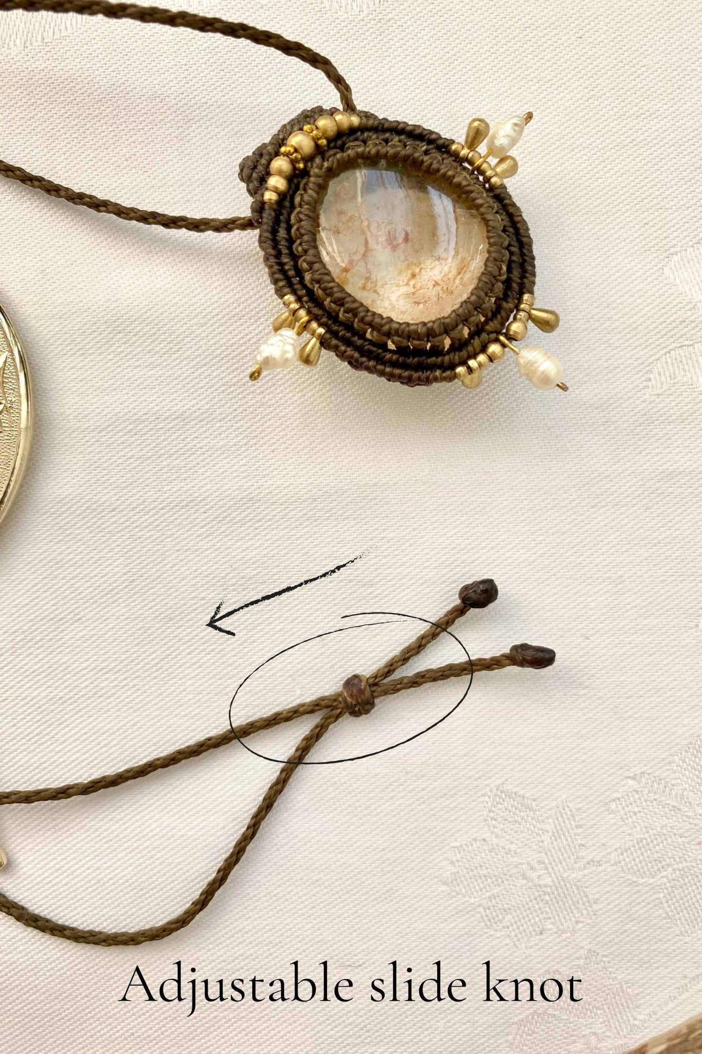 Adjustable handmade macrame necklace with a sliding knot, ensuring a customizable fit and effortless wear.