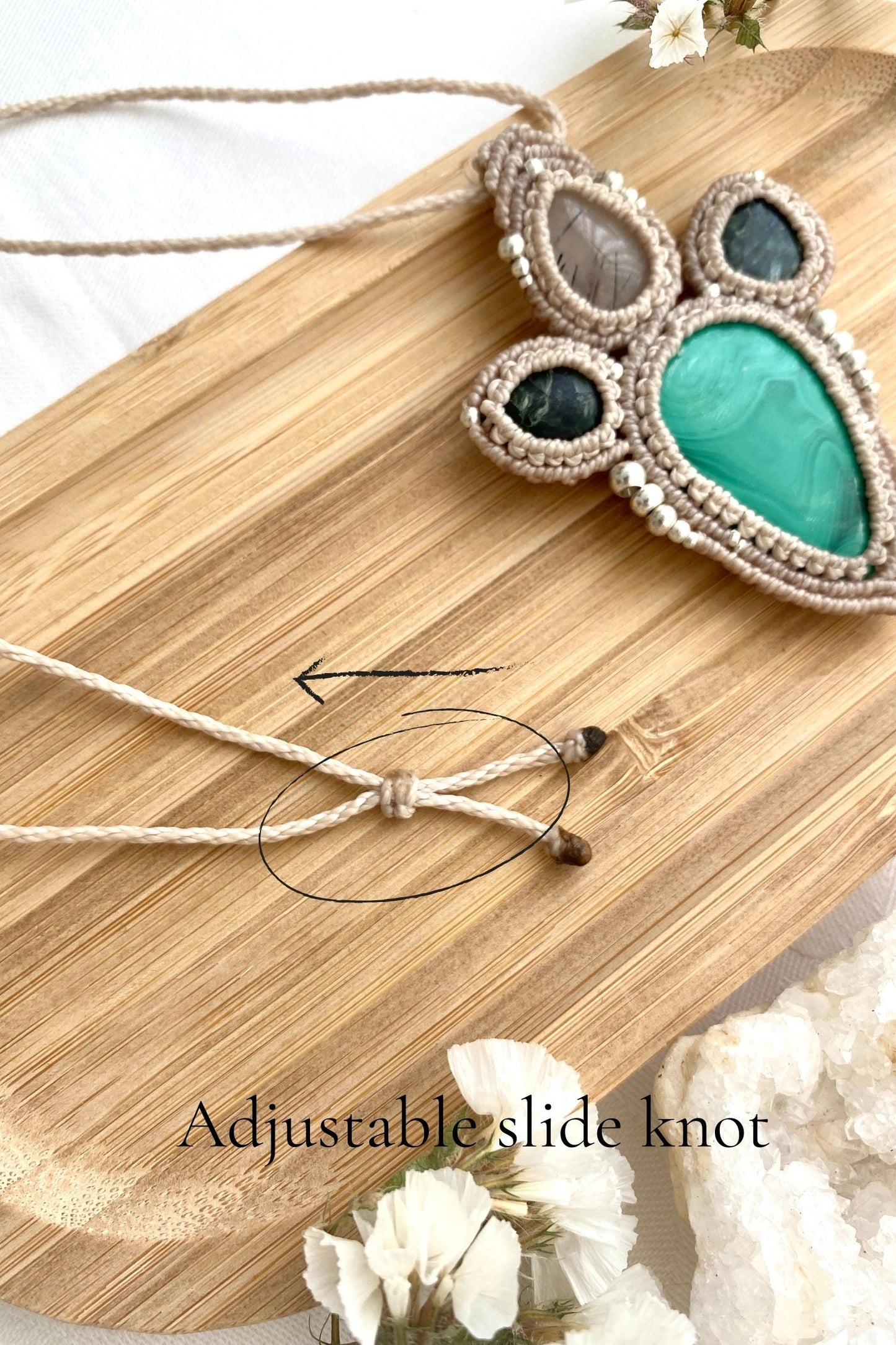 Adjustable handmade macrame necklace with a sliding closure, ensuring a customizable fit and effortless wear.