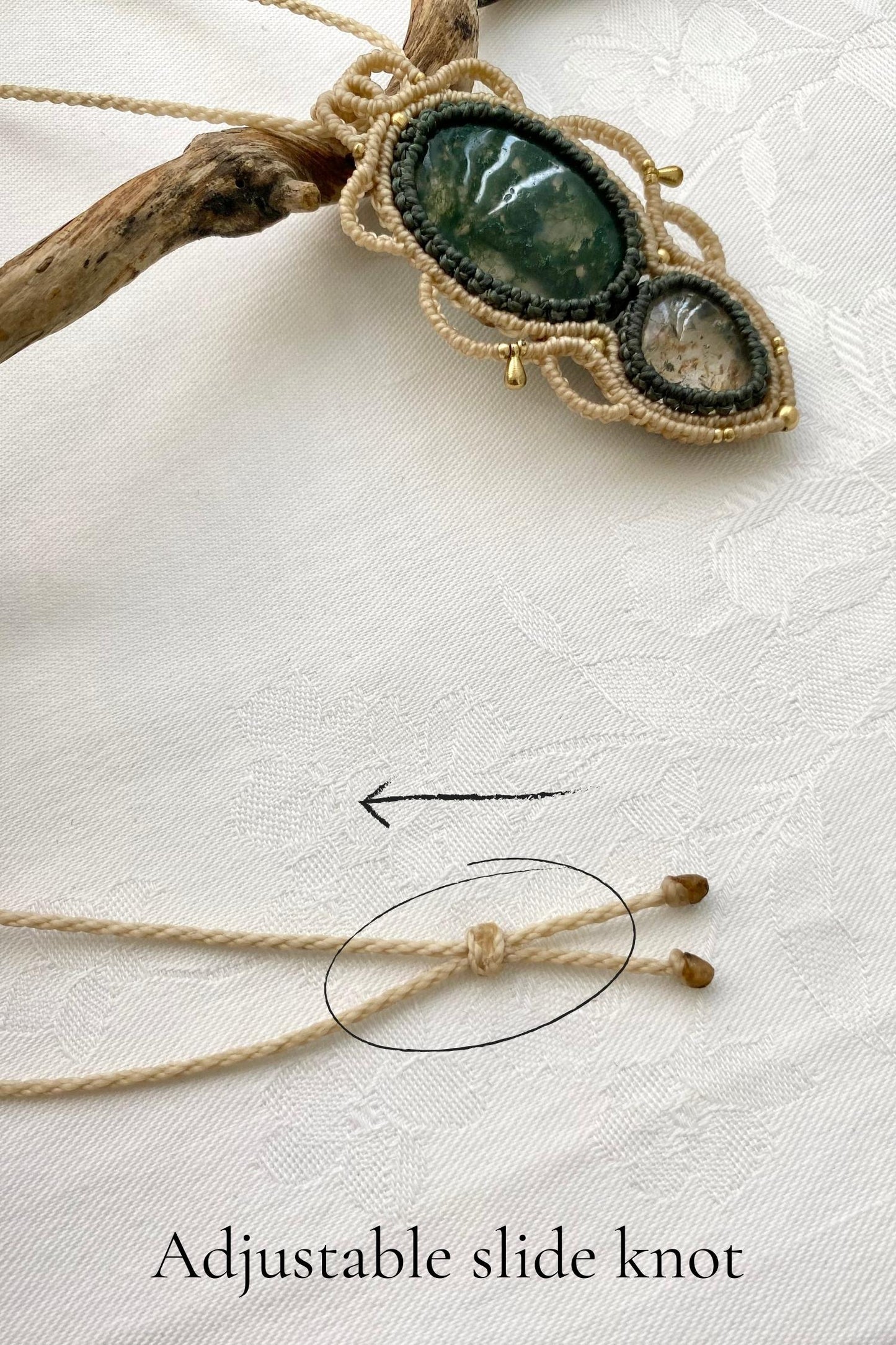 Adjustable handmade macrame necklace with a sliding knot, ensuring a customizable fit and effortless wear.