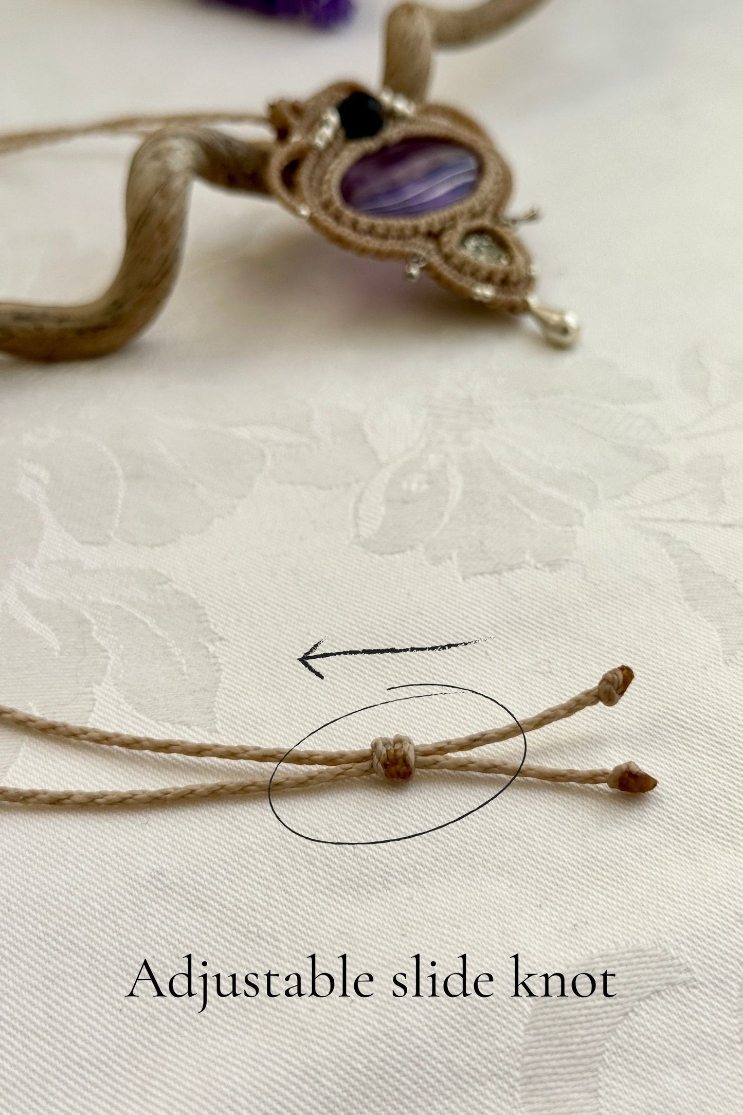 Adjustable handmade macrame necklace with Amethyst and Raw Druzy Pyrite. Featuring a sliding knot closure for a customizable fit.
