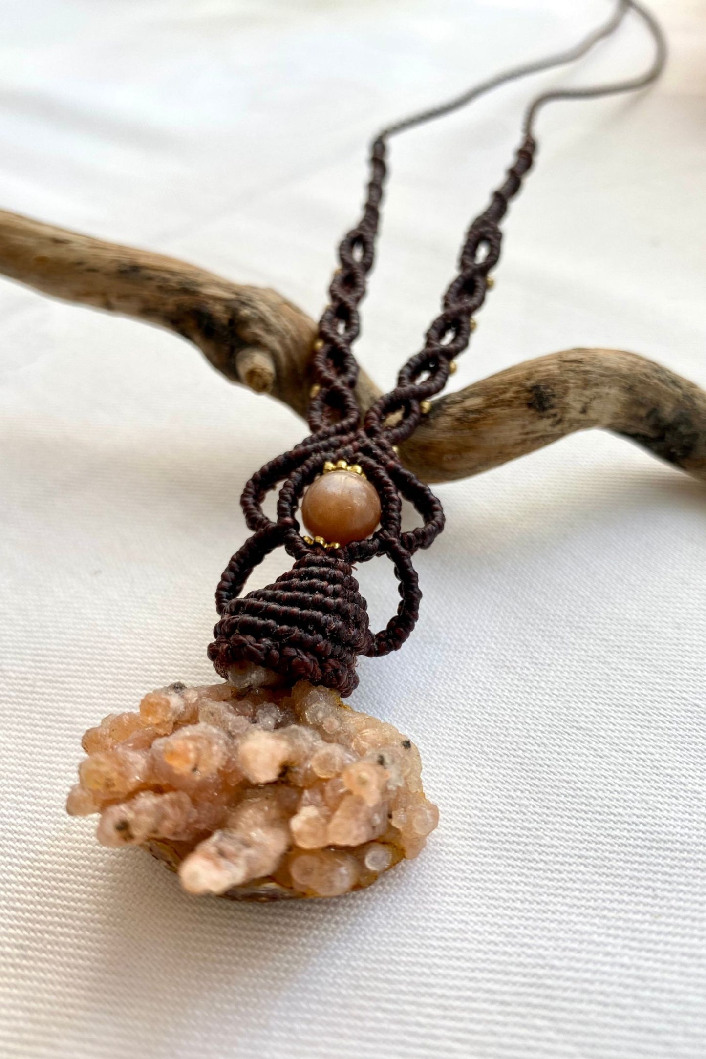A close-up of the handmade gemstone necklace, showcasing the natural beauty of Raw Chalcedony and Peach Moonstone in an exclusive, one-of-a-kind design.