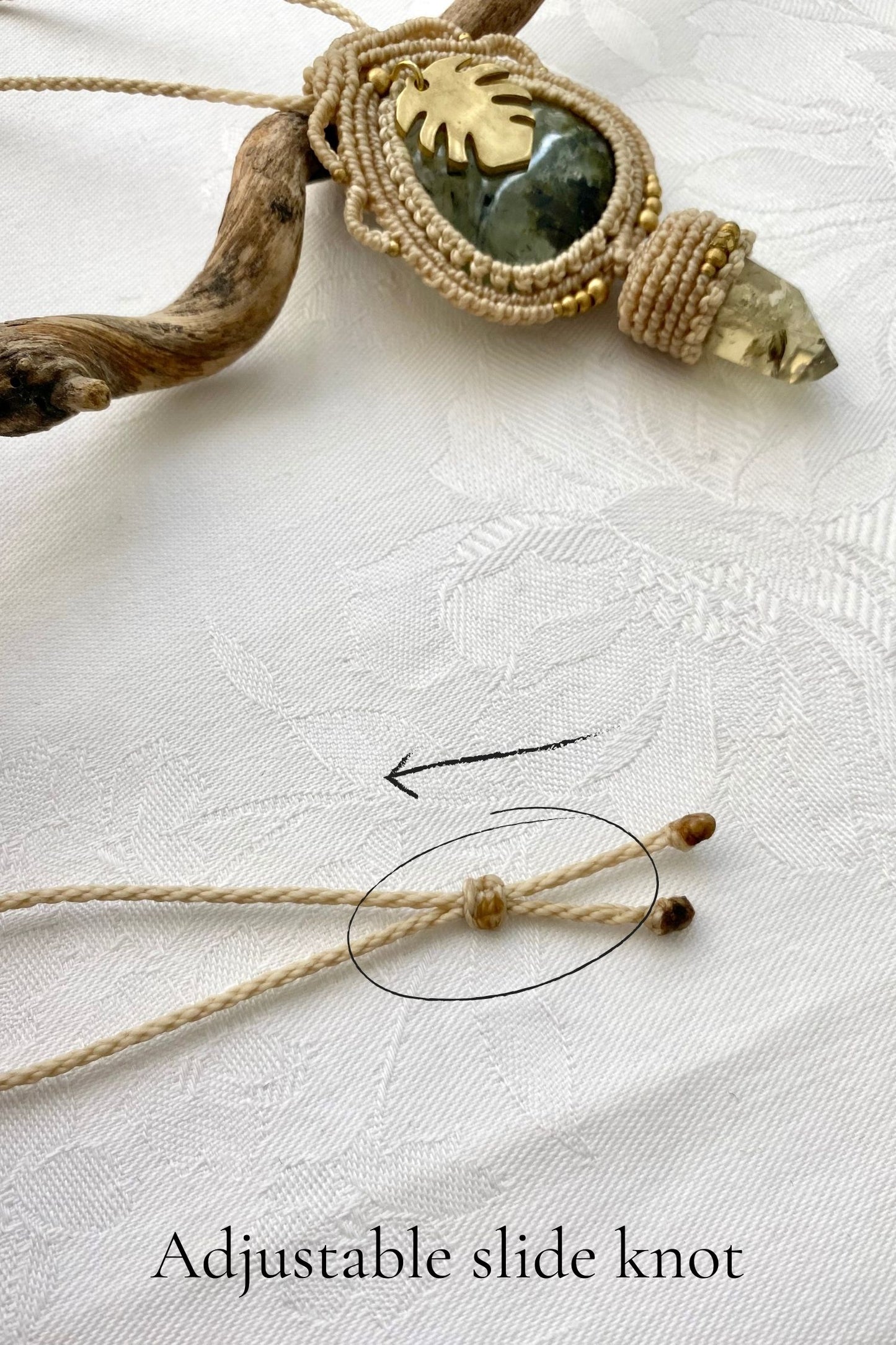 Adjustable handmade macrame necklace with a sliding knot, ensuring a customizable fit and effortless wear.