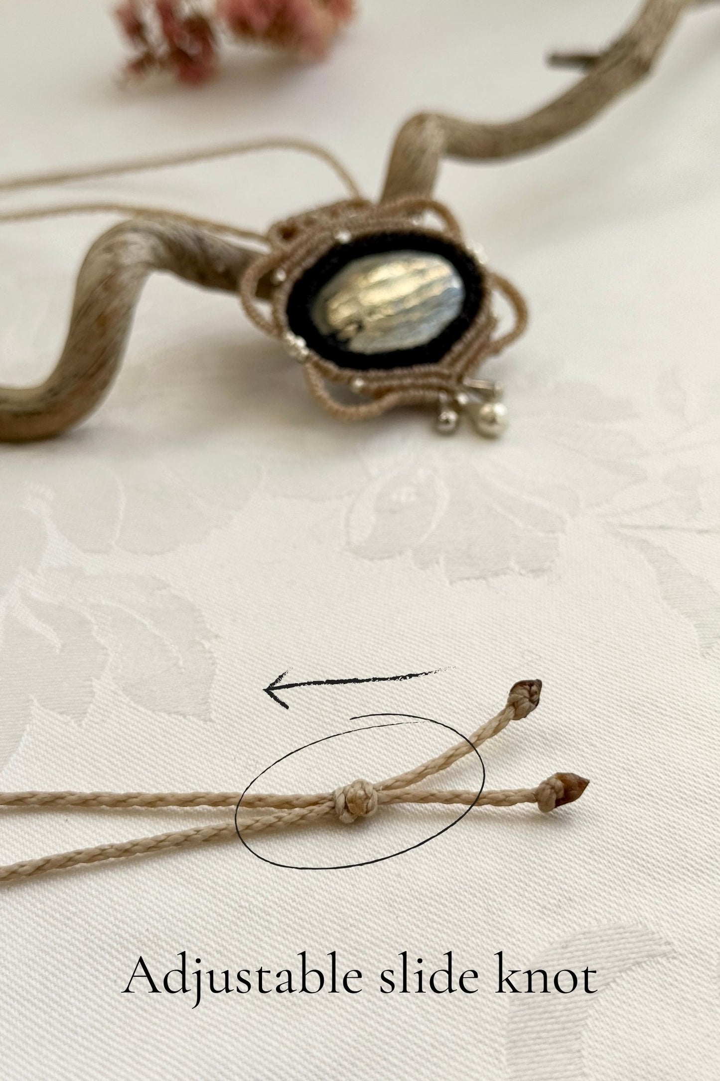 Adjustable handmade macrame necklace with Pyrite. Featuring a sliding knot closure for a customizable fit.