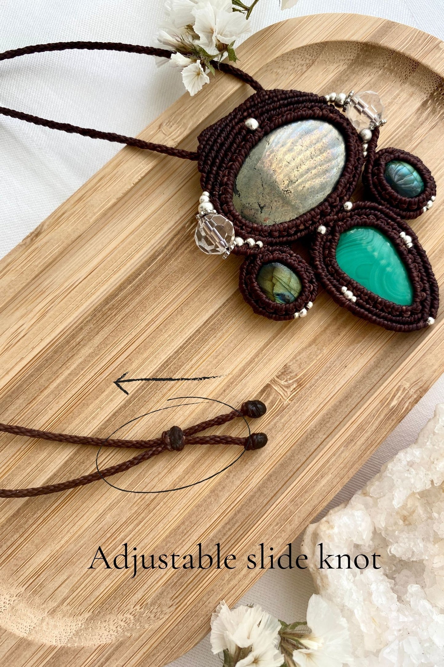 Adjustable handmade macrame necklace with a sliding knot, ensuring a customizable fit and effortless wear.