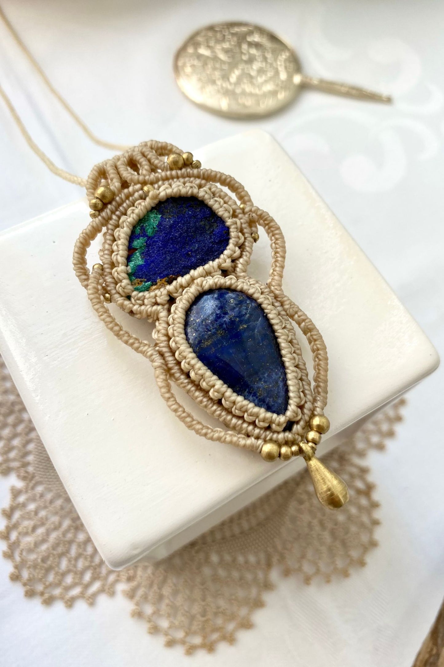 Detailed view of the handmade necklace, highlighting the raw textures of natural Raw Azurite and Lapis Lazuli gemstones in a distinctive, statement-making design.