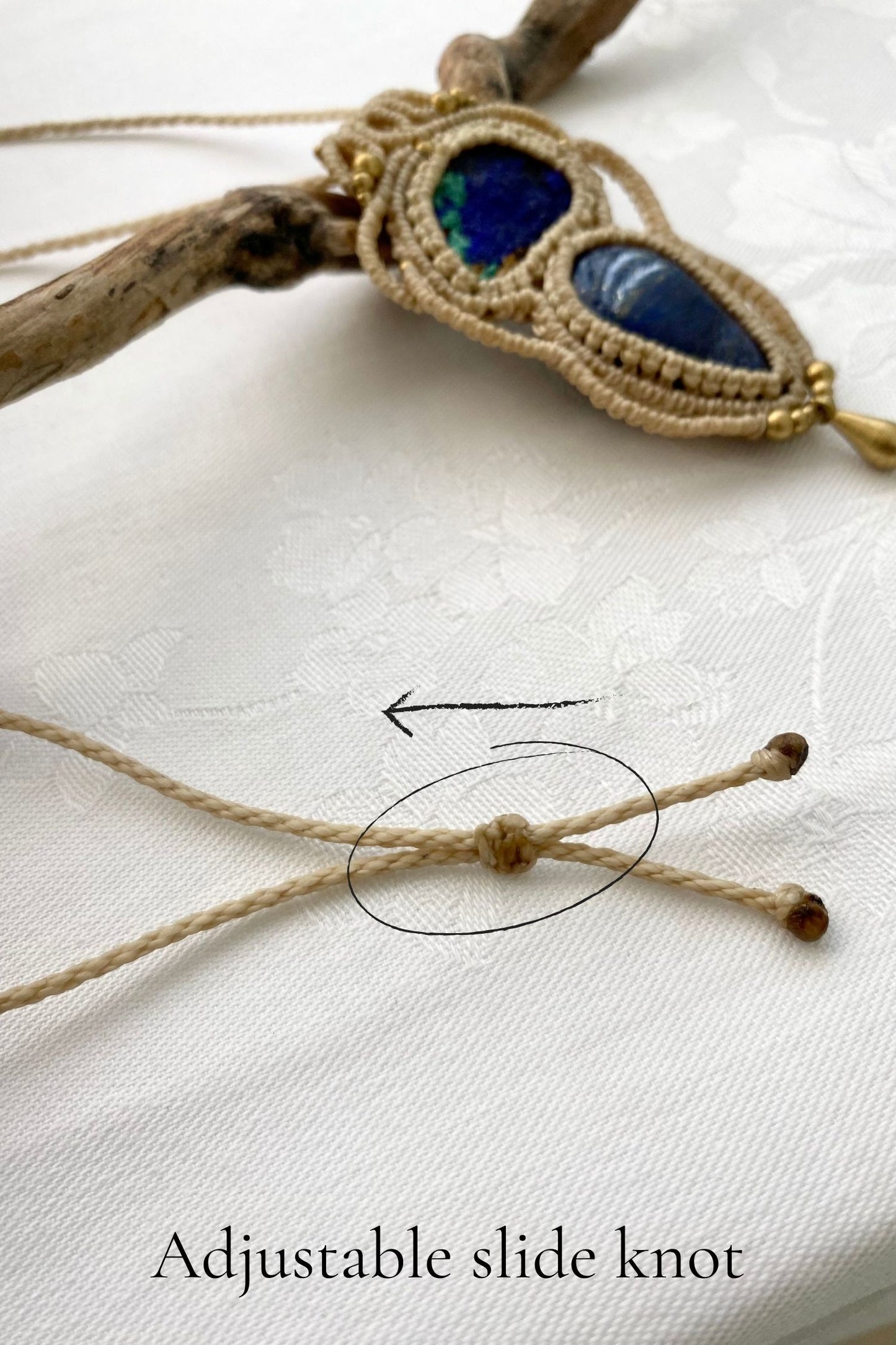 Adjustable handmade macrame necklace with a sliding knot, ensuring a customizable fit and effortless wear.