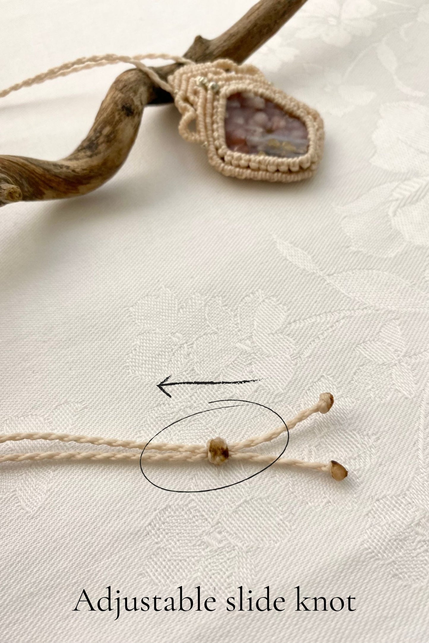 Adjustable handmade macrame necklace with a sliding knot, ensuring a customizable fit and effortless wear.