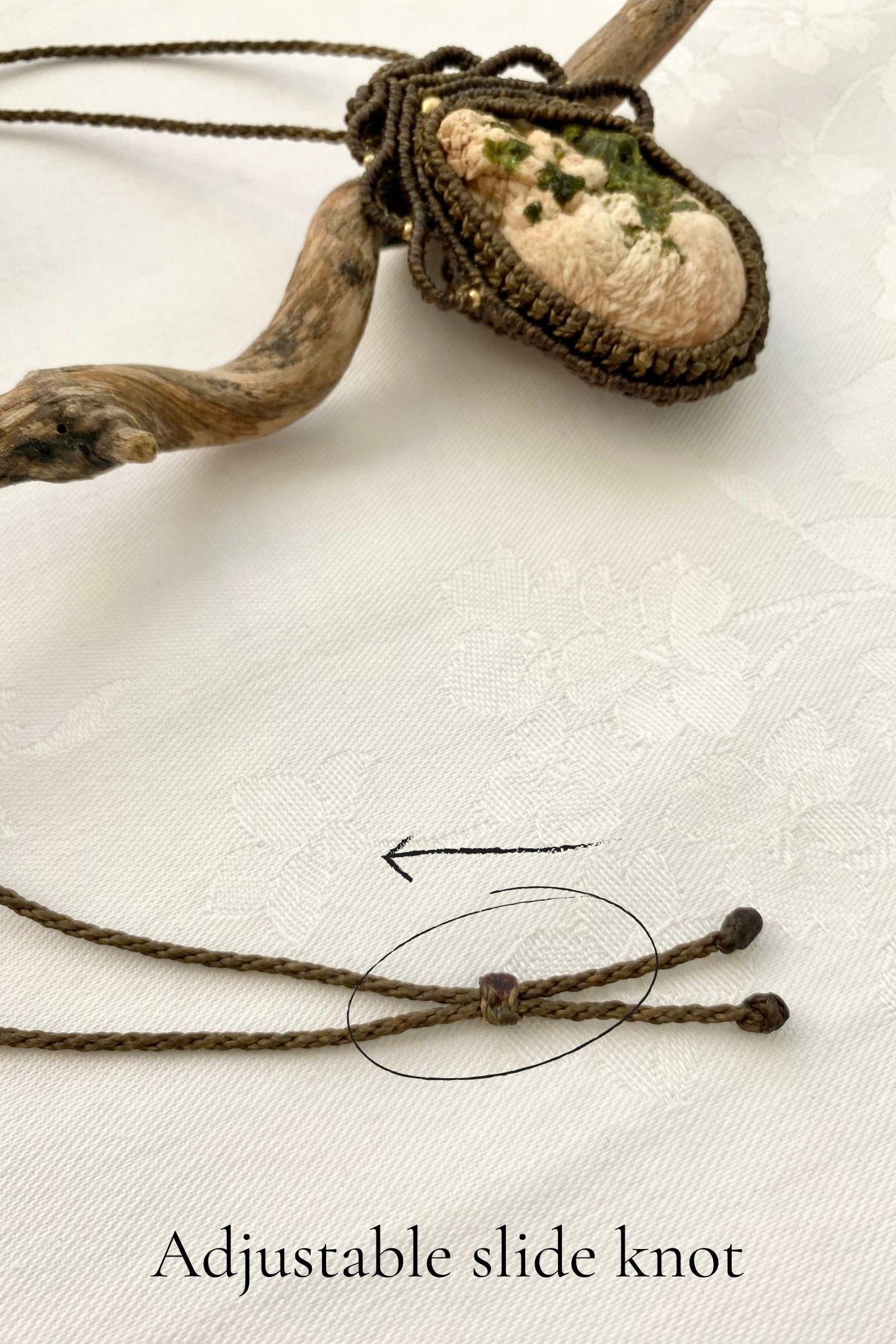 Adjustable handmade macrame necklace with a sliding knot, ensuring a customizable fit and effortless wear.