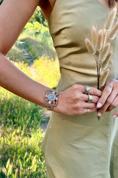 Handmade Aquamarine Cuff Bracelet with Freshwater Pearl Accents