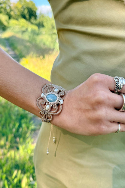 Handmade Aquamarine Cuff Bracelet with Freshwater Pearl Accents