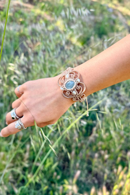 Handmade Aquamarine Cuff Bracelet with Freshwater Pearl Accents