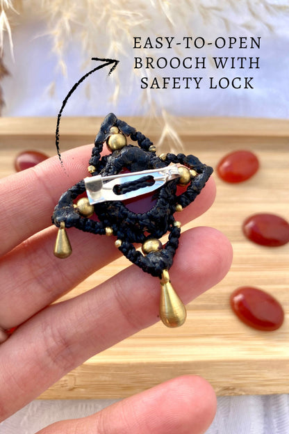 Close-up of the gothic brooch’s secure safety lock closure, designed for easy wear while ensuring a firm hold.