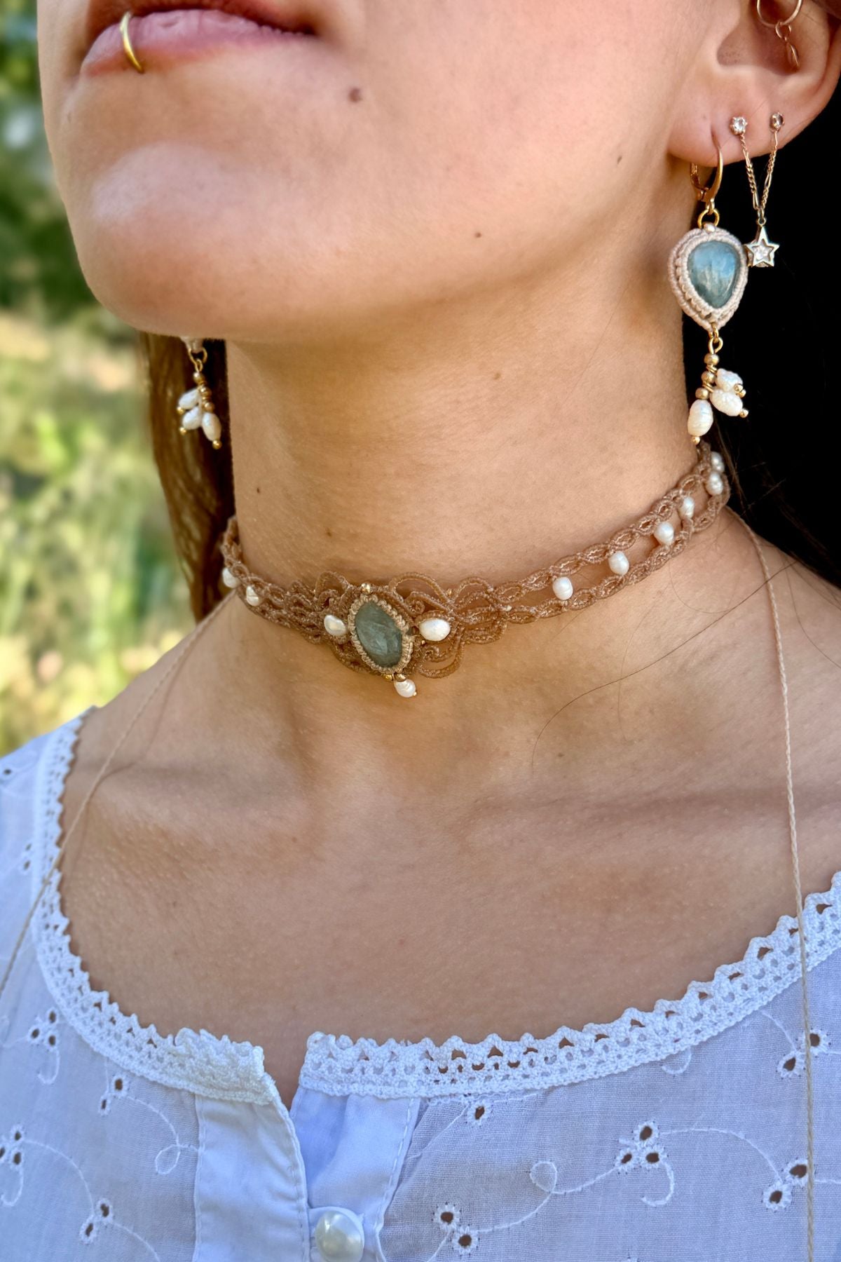 Handmade Aquamarine and Freshwater Pearl Elegant Choker