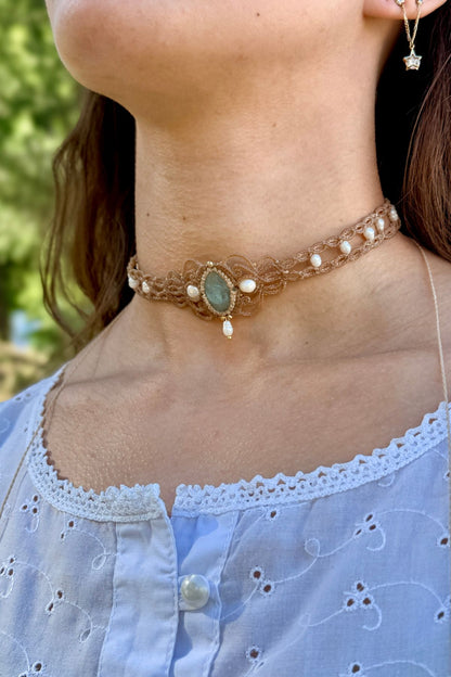 Handmade Aquamarine and Freshwater Pearl Elegant Choker