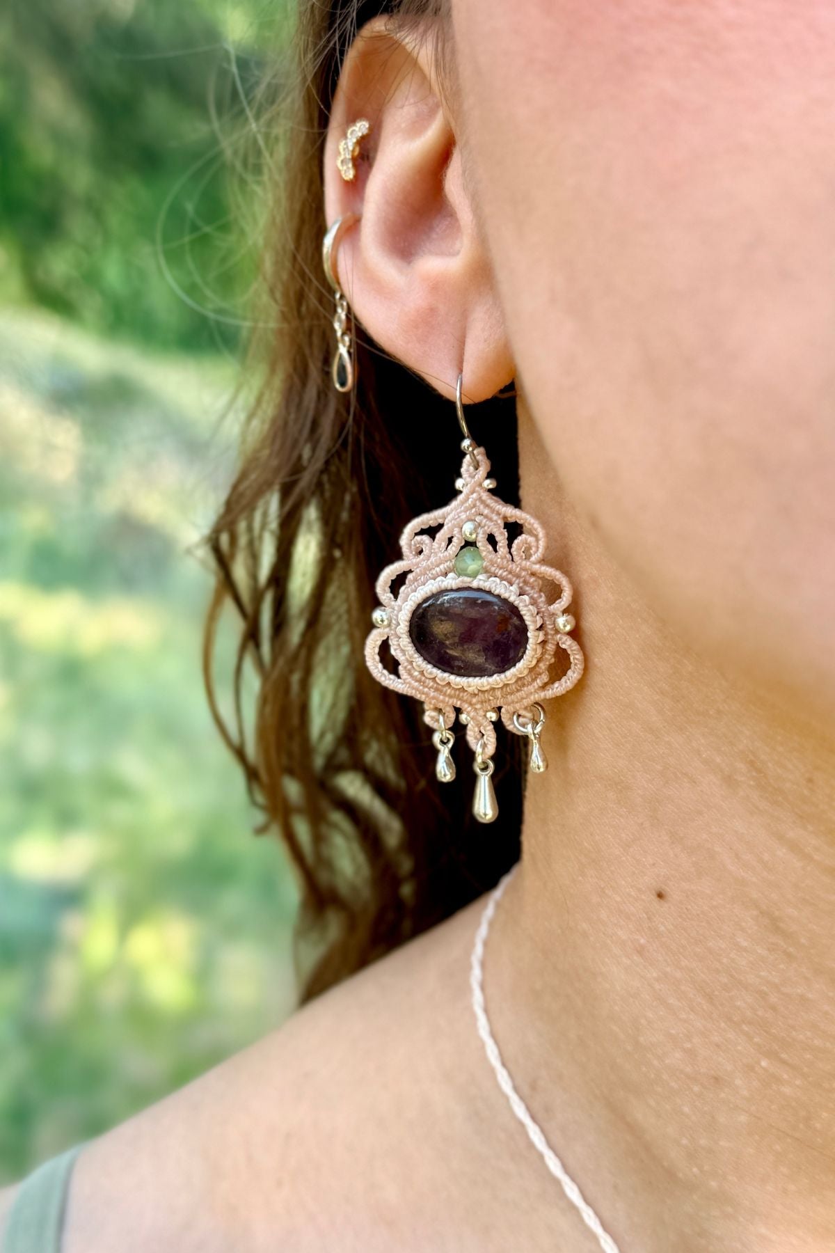 Handmade Amethyst Hoop Earrings with Silver Drop and Prehnite Accents