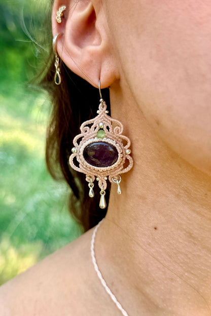 Handmade Amethyst Hoop Earrings with Silver Drop and Prehnite Accents