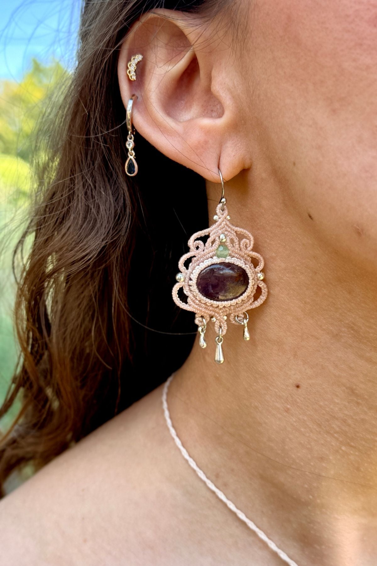 Handmade Amethyst Hoop Earrings with Silver Drop and Prehnite Accents