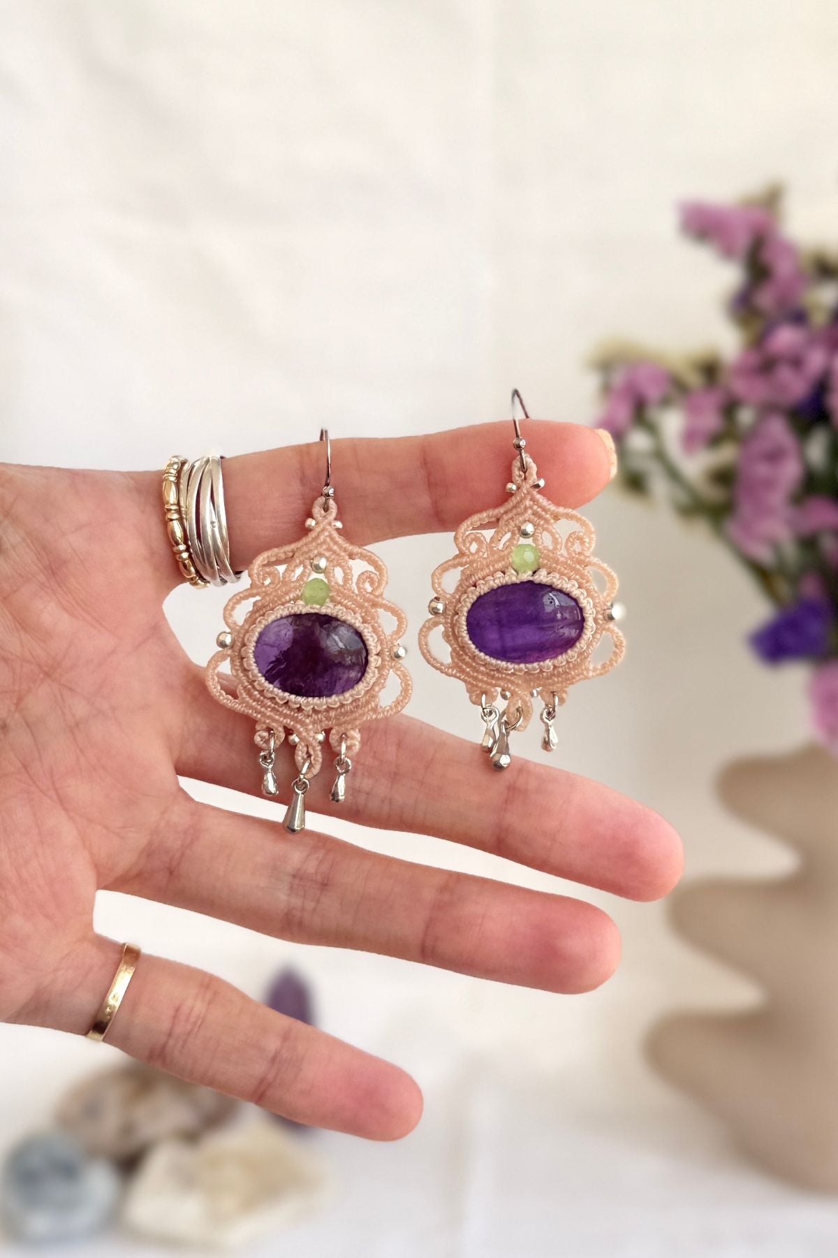 Handmade Amethyst Hoop Earrings with Silver Drop and Prehnite Accents