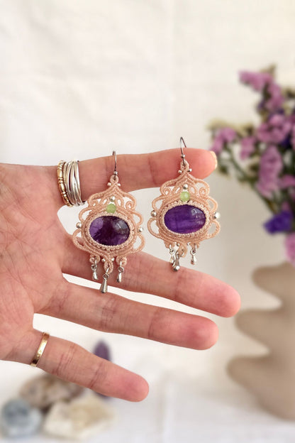 Handmade Amethyst Hoop Earrings with Silver Drop and Prehnite Accents