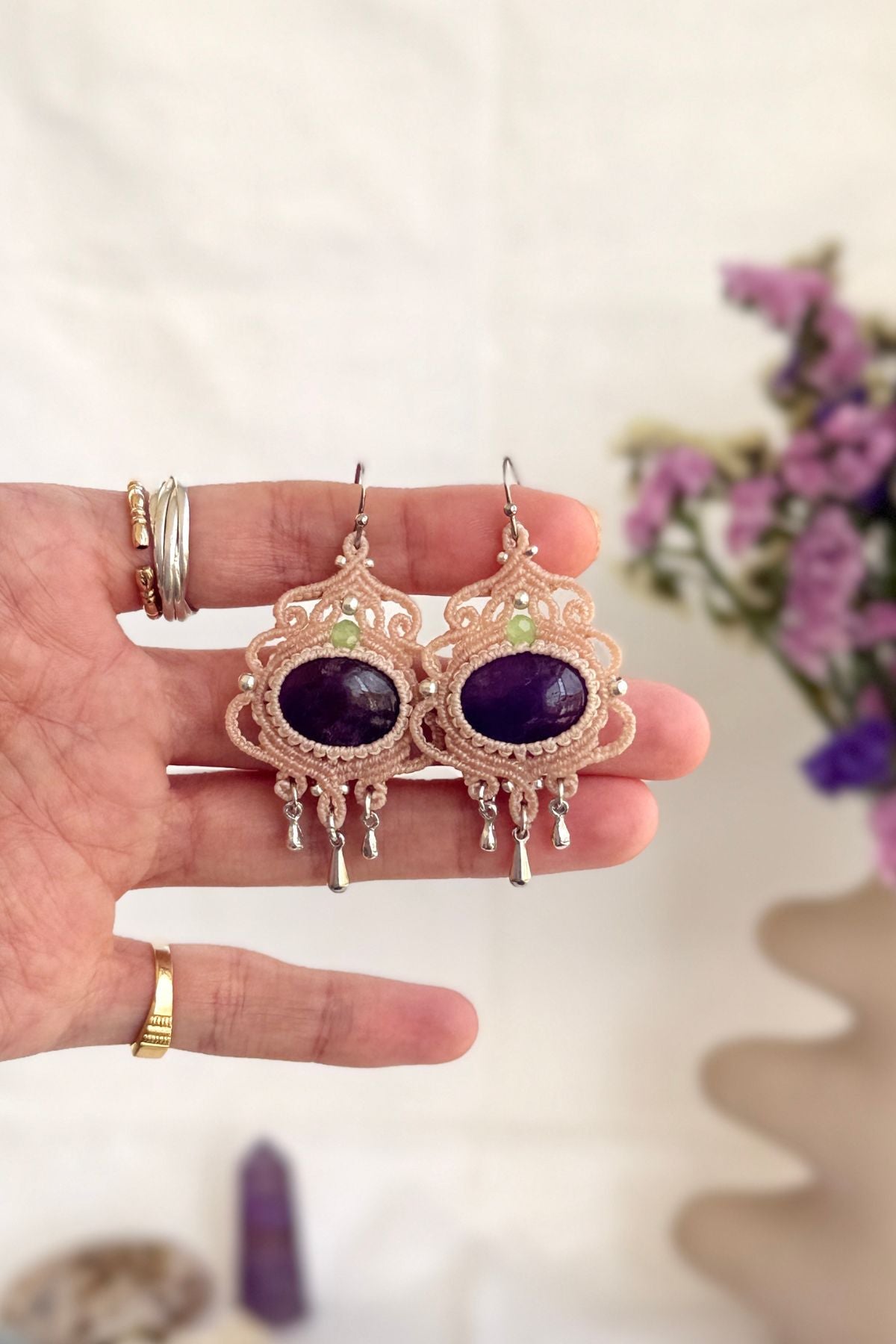 Handmade Amethyst Hoop Earrings with Silver Drop and Prehnite Accents