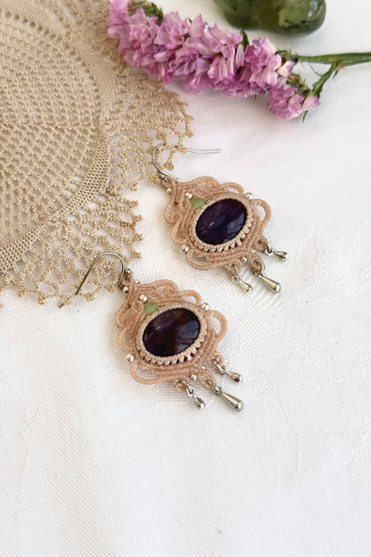 Handmade Amethyst Hoop Earrings with Silver Drop and Prehnite Accents