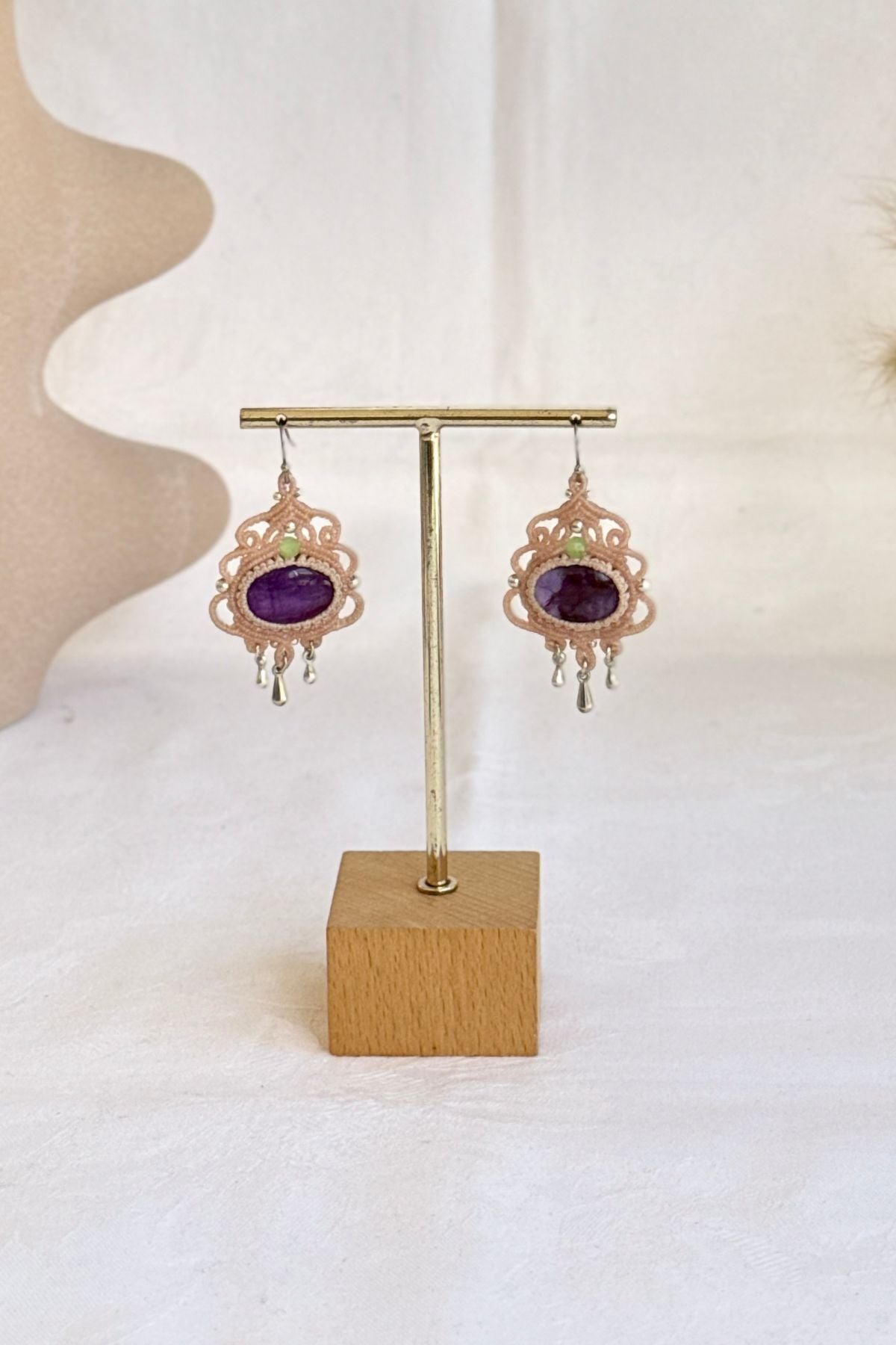 Handmade Amethyst Hoop Earrings with Silver Drop and Prehnite Accents