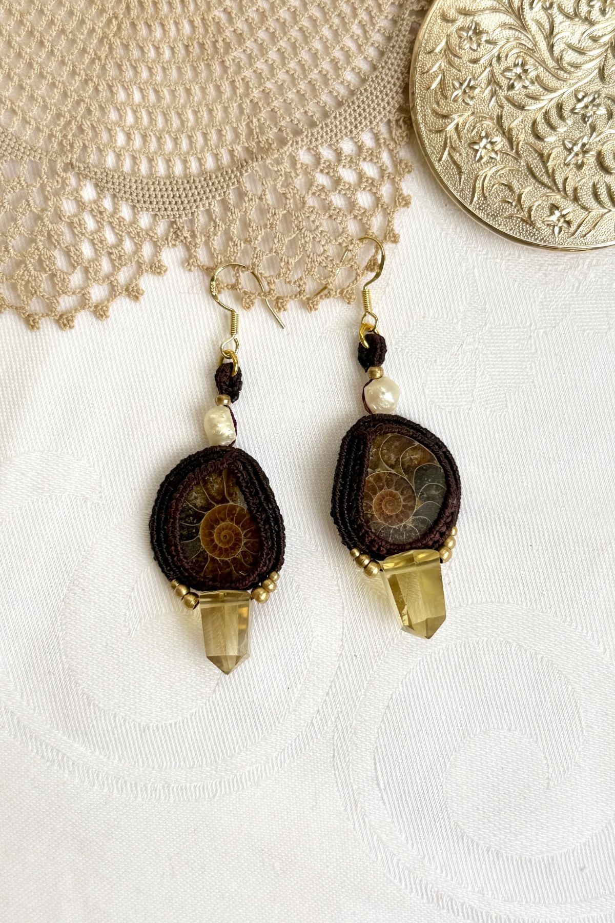 Sliced ammonite drop earrings with smoky quartz and freshwater pearl accents, one of a kind statement jewelry