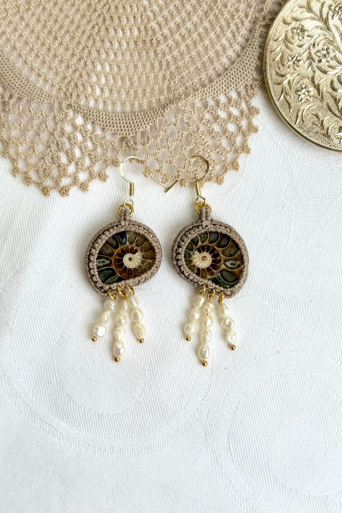 Sliced ammonite drop earrings with dangling freshwater pearls, delicate one of a kind statement jewelry