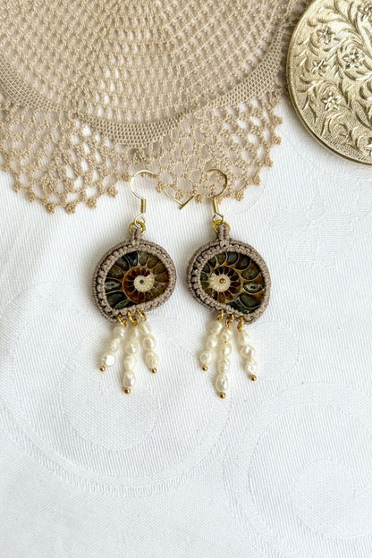 Sliced ammonite drop earrings with dangling freshwater pearls, delicate one of a kind statement jewelry