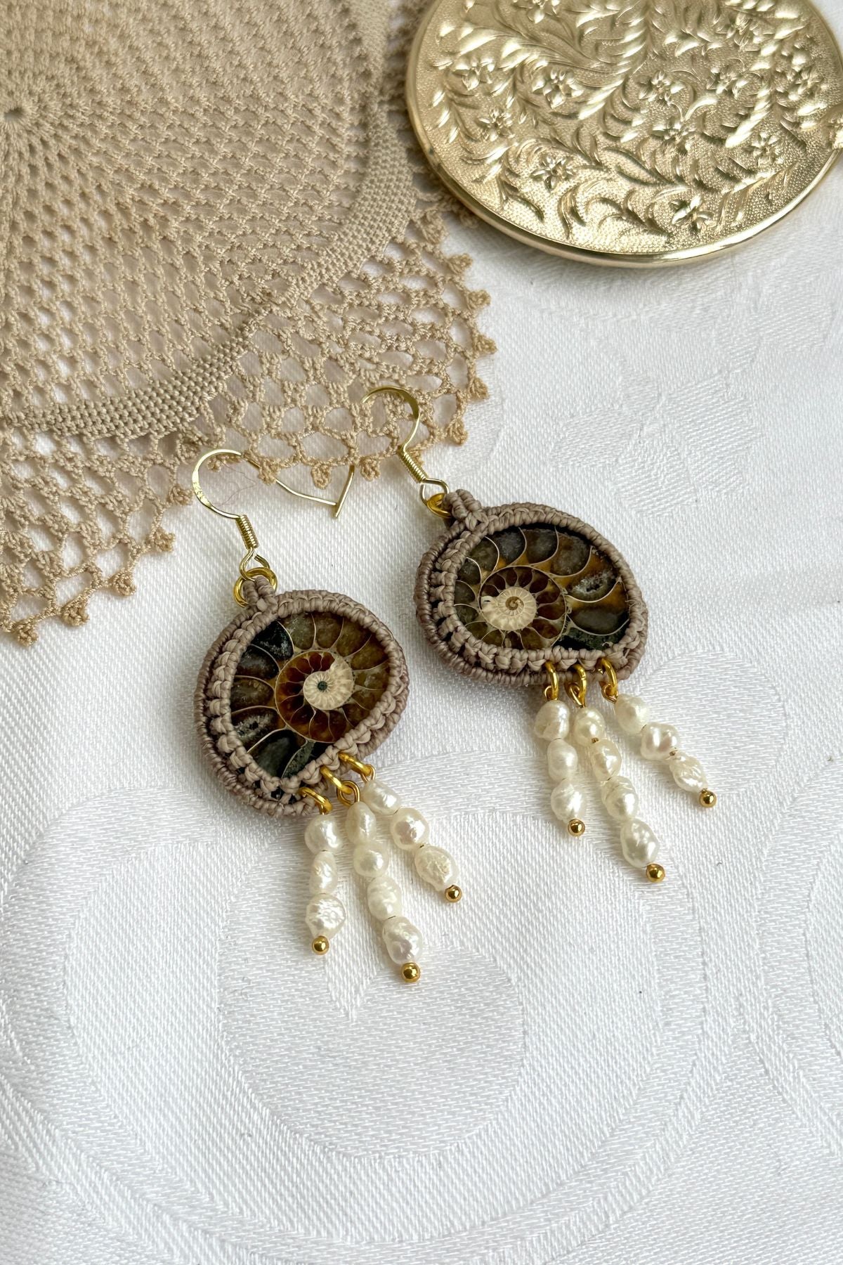 Unique sliced ammonite drop earrings with cascading freshwater pearls, lightweight artisan jewelry