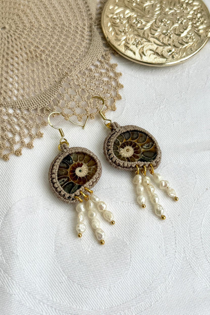 Unique sliced ammonite drop earrings with cascading freshwater pearls, lightweight artisan jewelry