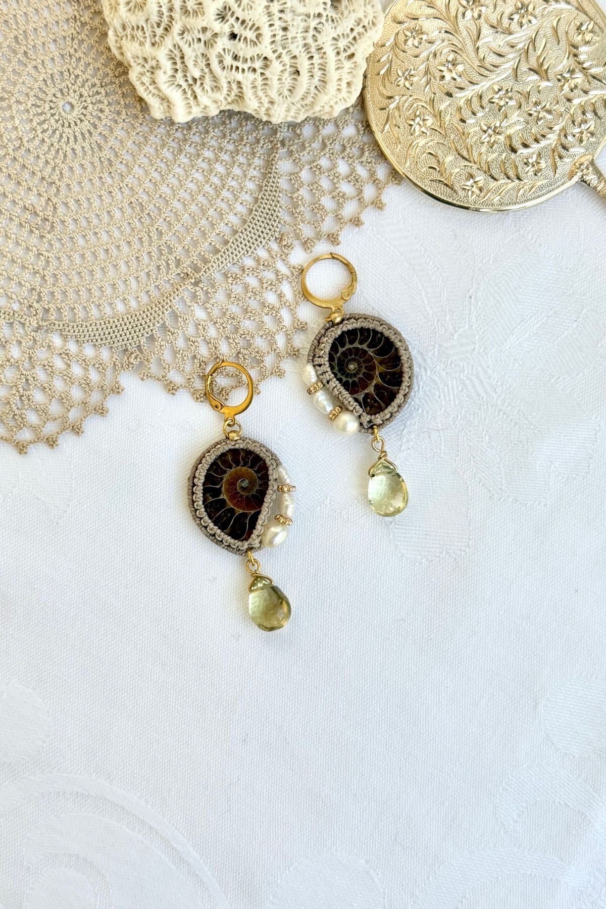 Asymmetric ammonite fossil hoop earrings with freshwater pearls and lemon quartz drops – ocean inspired one of a kind jewelry