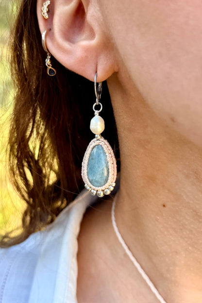 Handmade Aquamarine Drop Hoop Earrings with Freshwater Pearl