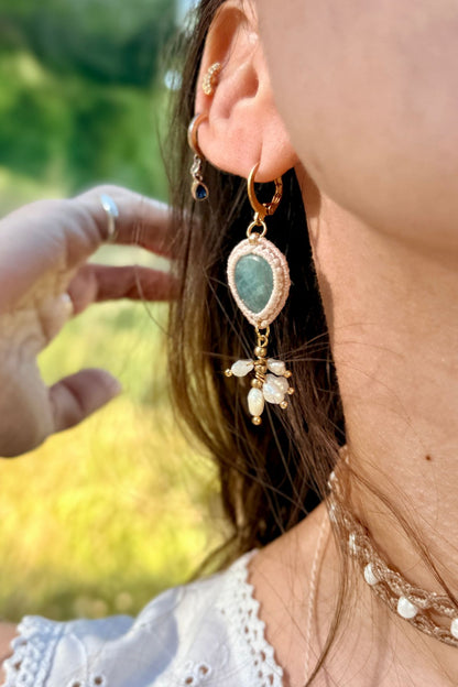 Handmade Aquamarine and Freshwater Pearl Drop Hoop Earrings with Gold Accents