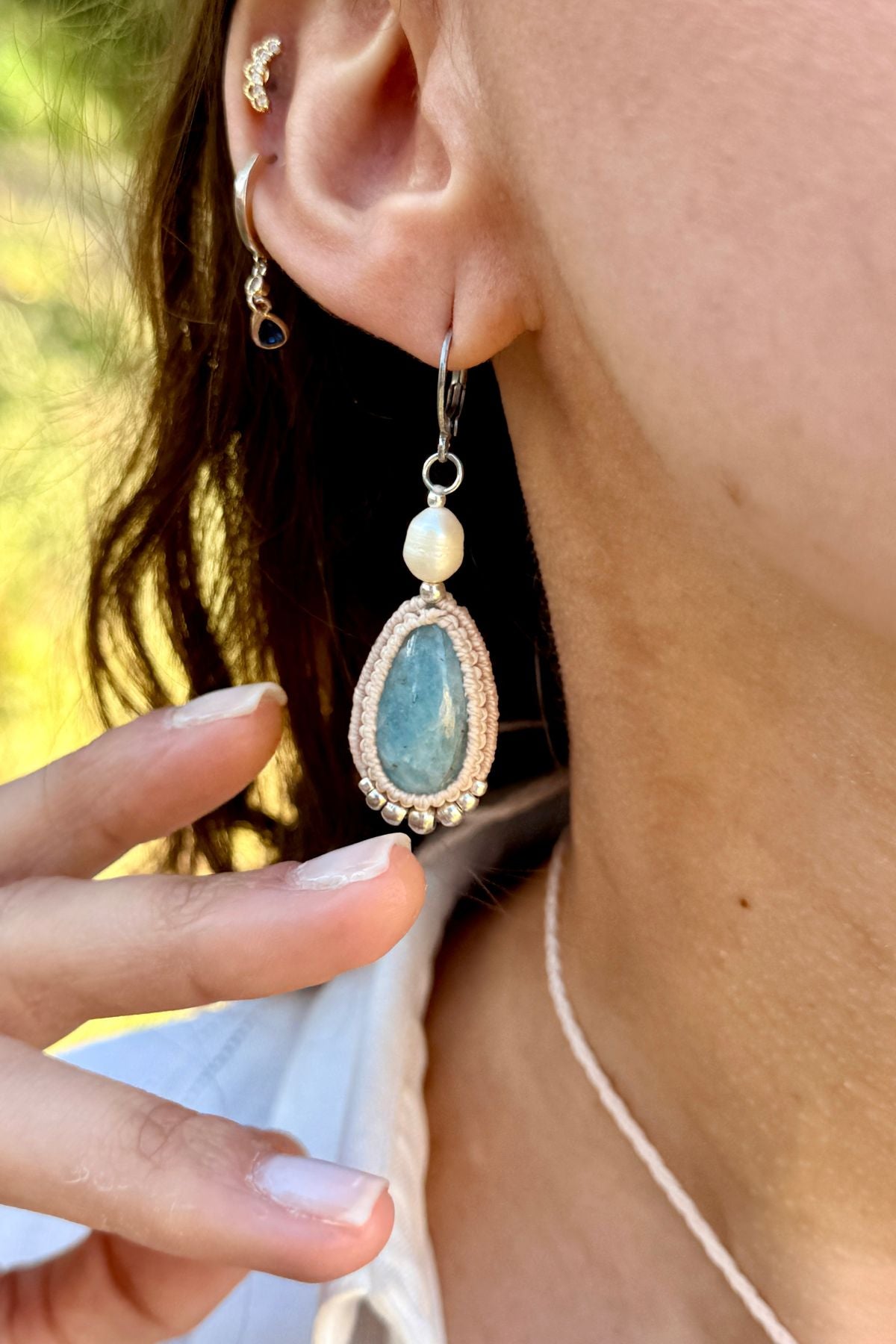 Handmade Aquamarine Drop Hoop Earrings with Freshwater Pearl