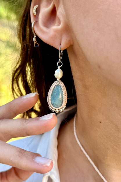 Handmade Aquamarine Drop Hoop Earrings with Freshwater Pearl