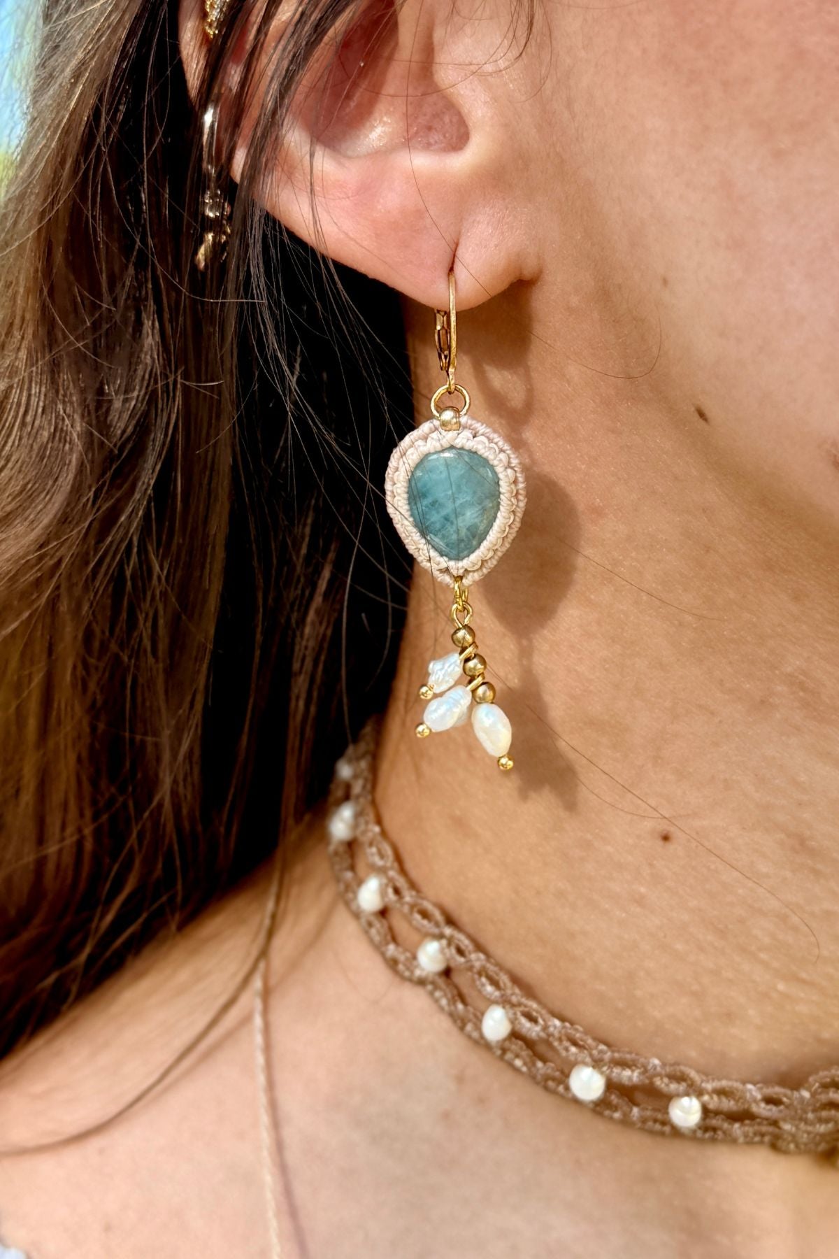 Handmade Aquamarine and Freshwater Pearl Drop Hoop Earrings with Gold Accents