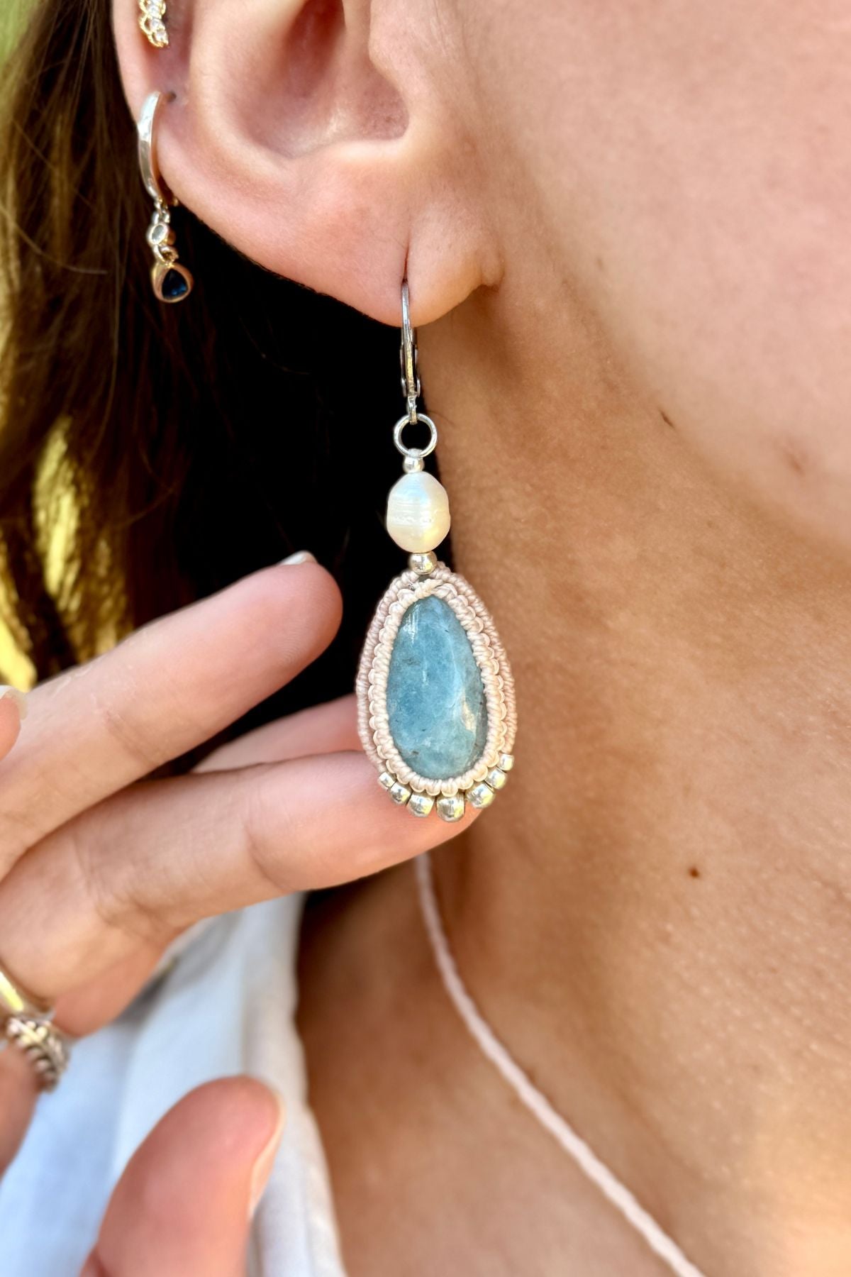 Handmade Aquamarine Drop Hoop Earrings with Freshwater Pearl